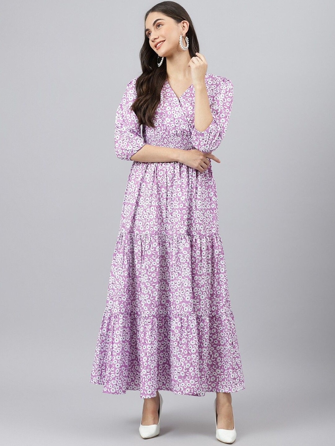 Femvy Women V-Neck Floral Printed Fit & Flare Maxi Dress