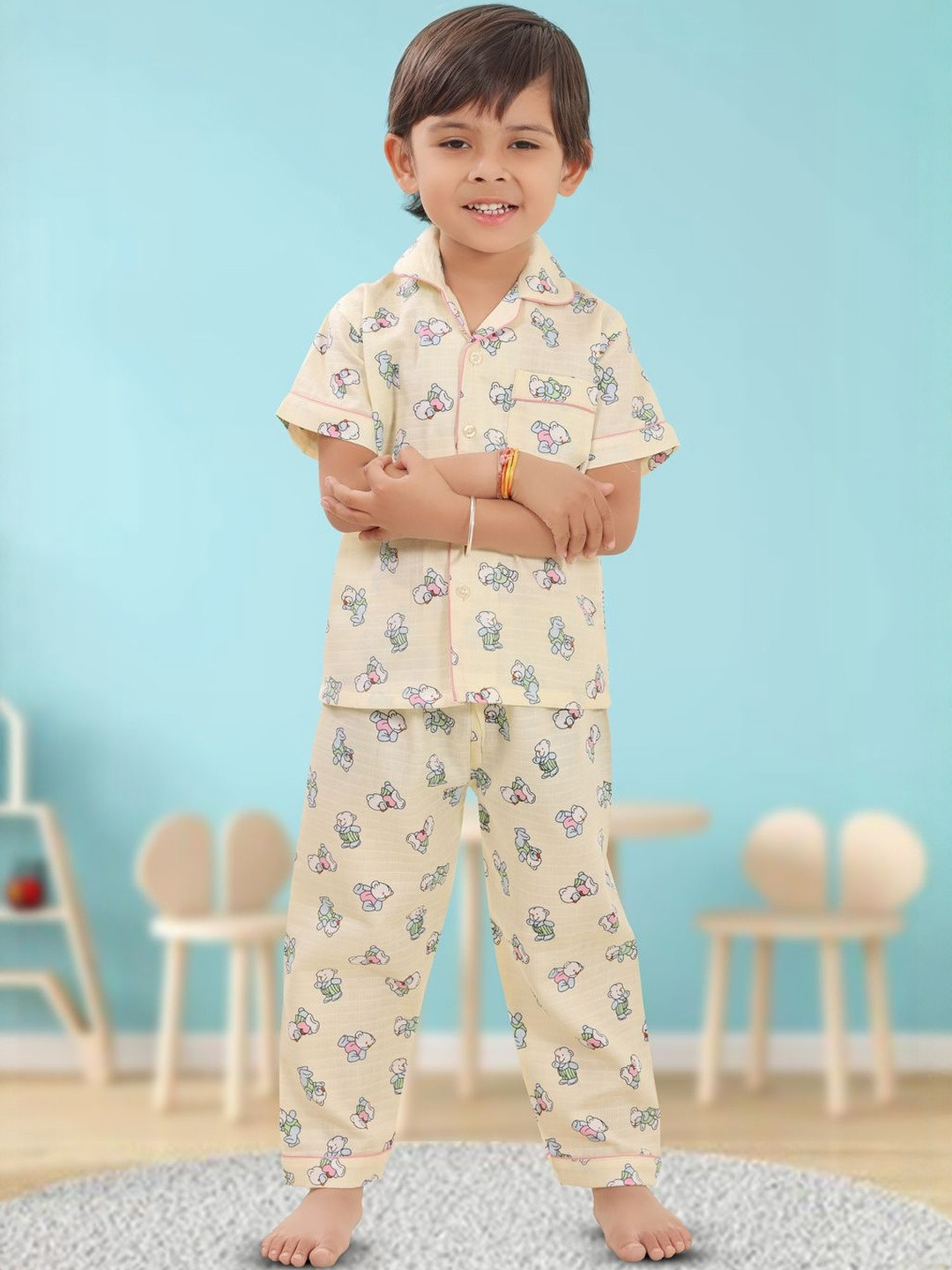 BABY CLOSET Unisex Kids Cream Pure Cotton Printed Night suit