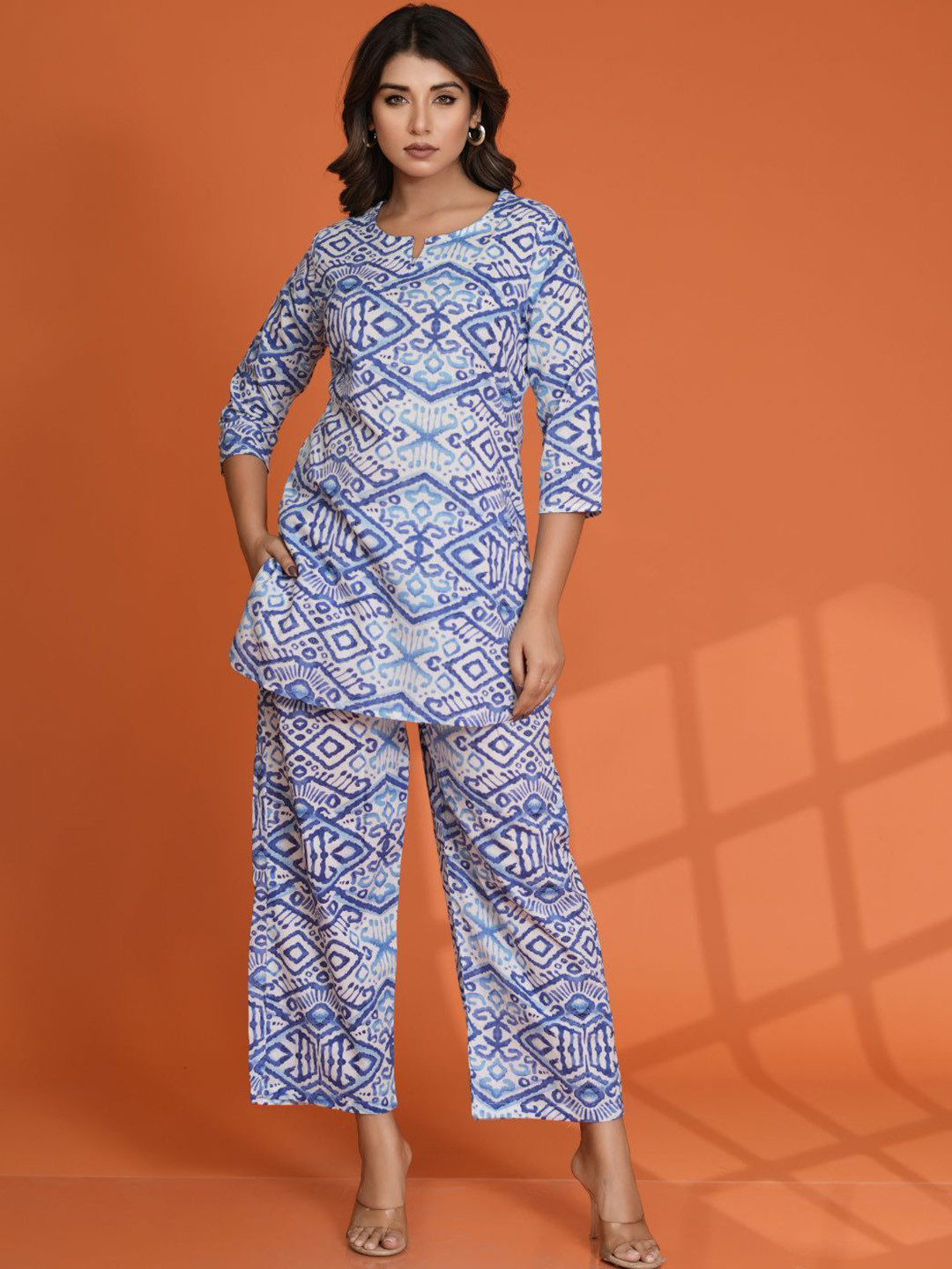 ETC Batik Printed Shirt Collar Pure Cotton Cambric Tunic With Trousers
