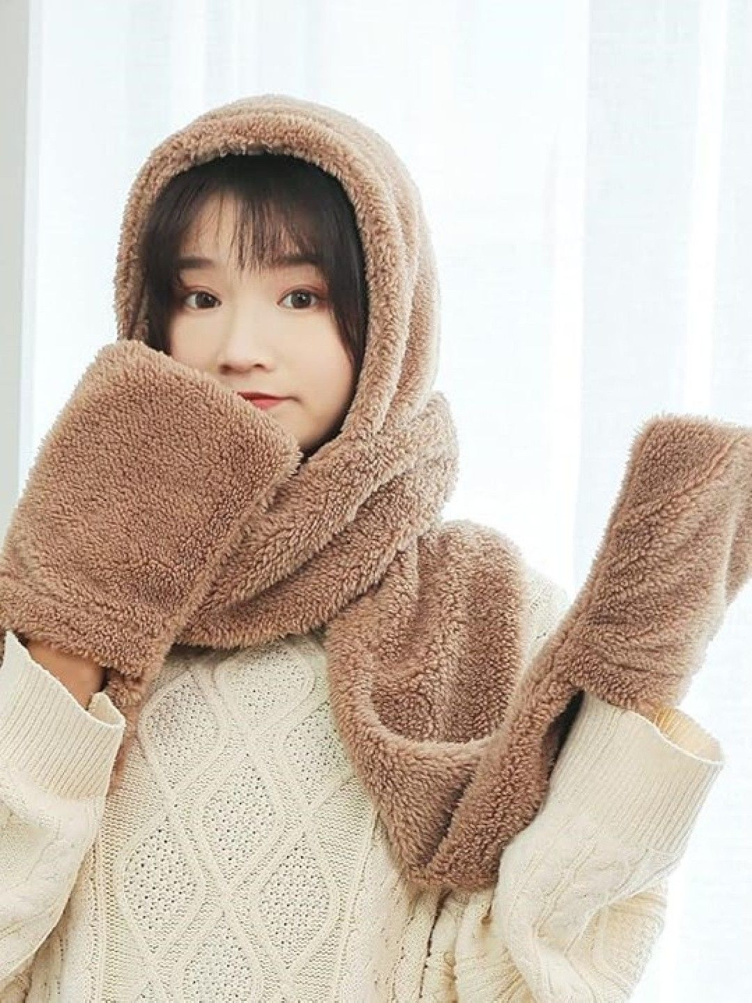 TOMKOT Women Tan Woolen Cap Scarf