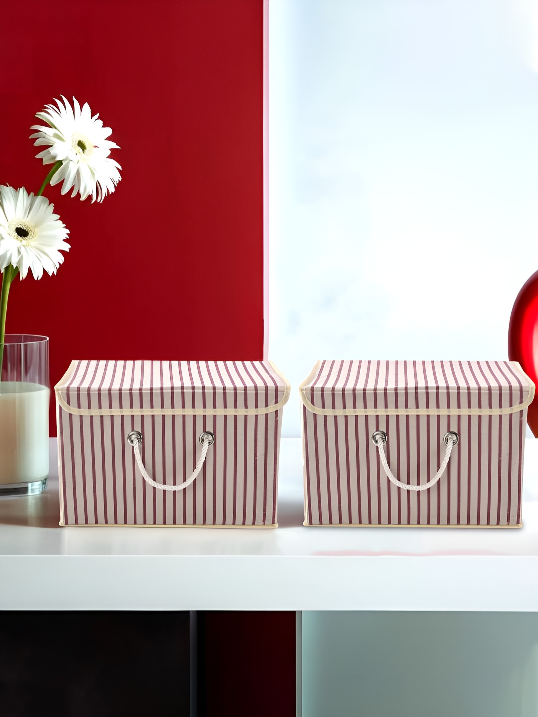 RUBOXA Cream-Colored 2 Pieces Lining Printed Cotton Foldable Wardrobe Drawer Organisers