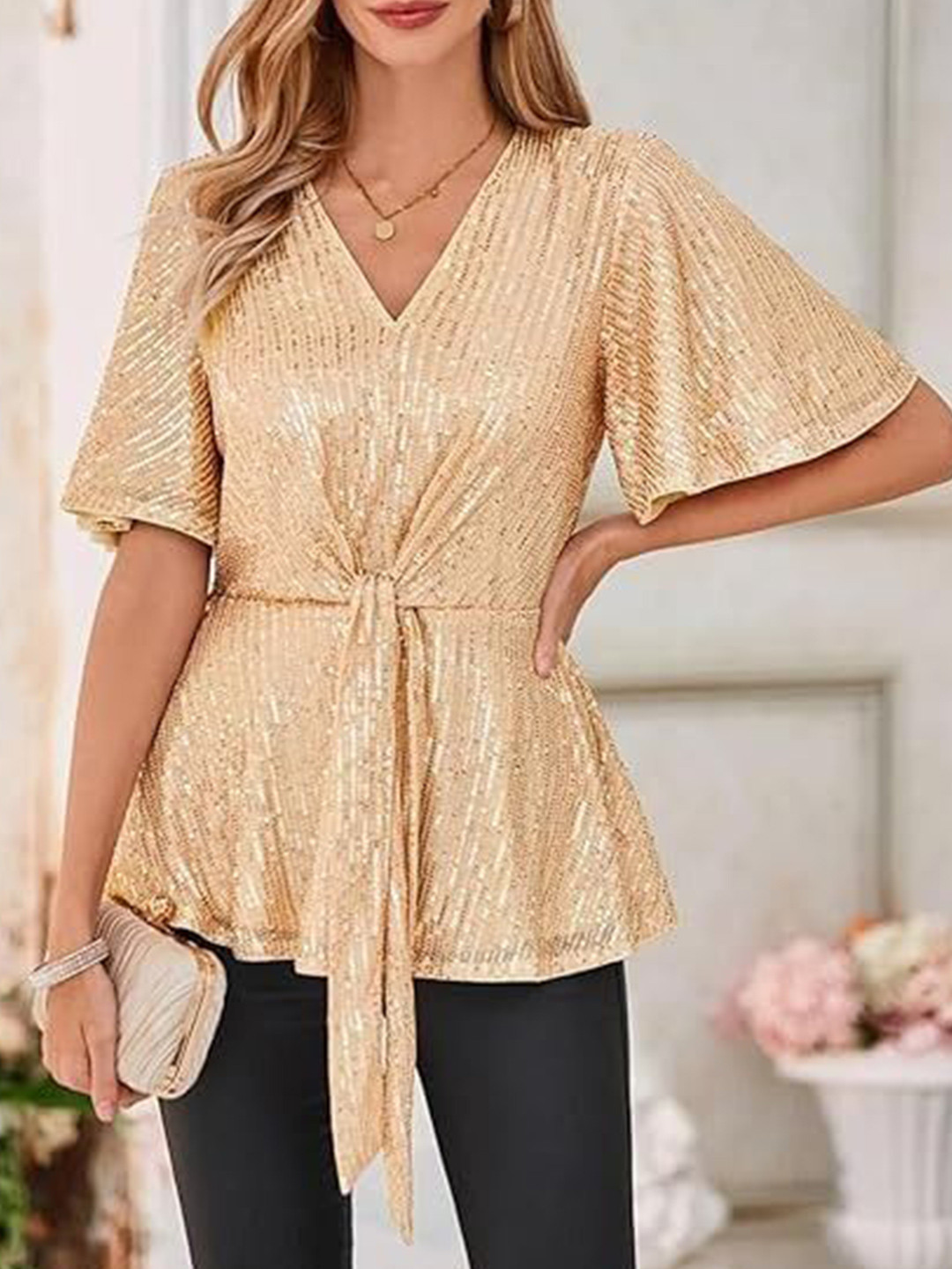 StyleCast Gold Sequined V-Neck Peplum Top
