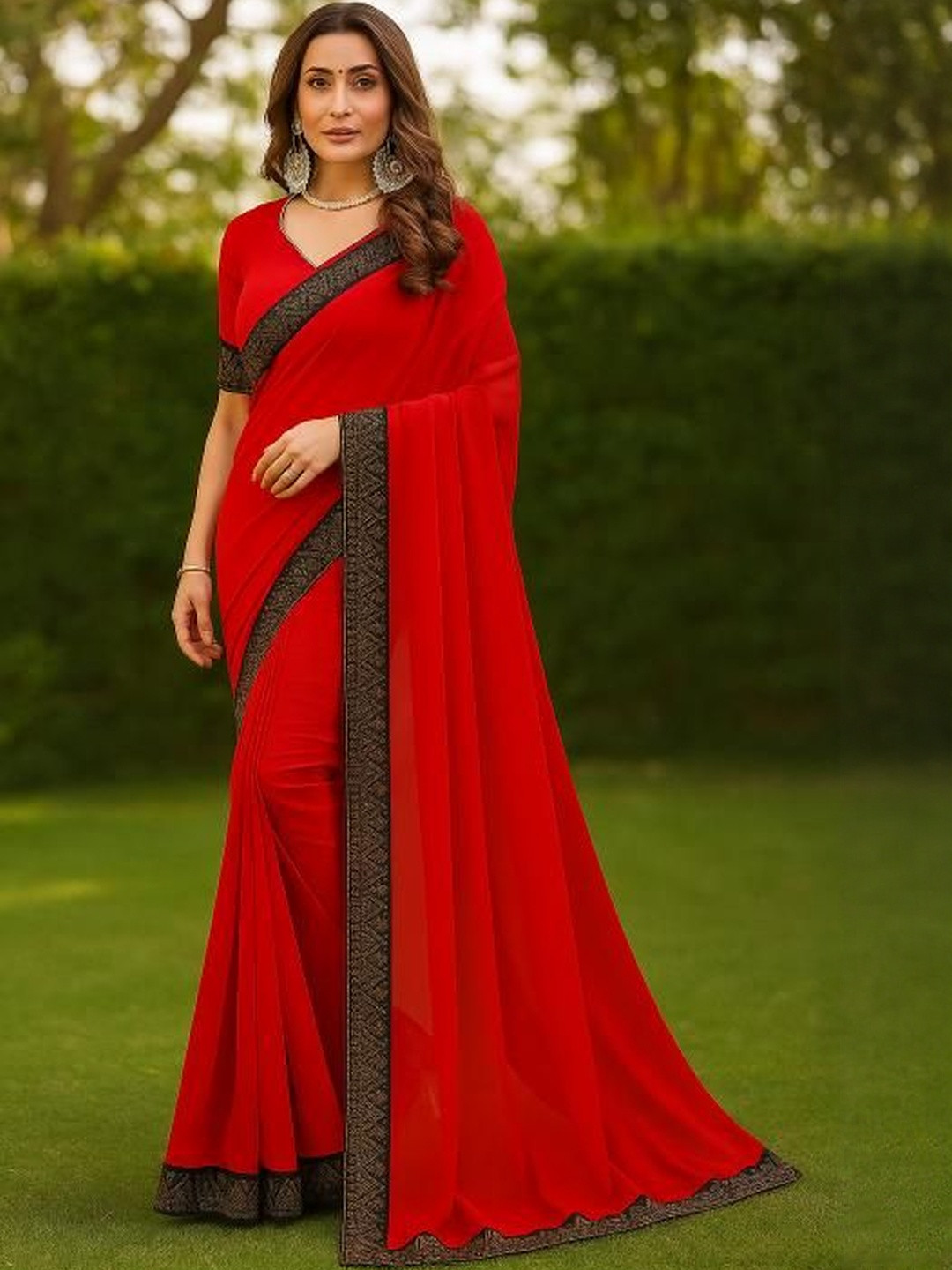 Moda Rapido Red Silk Blend Embellished Sarees