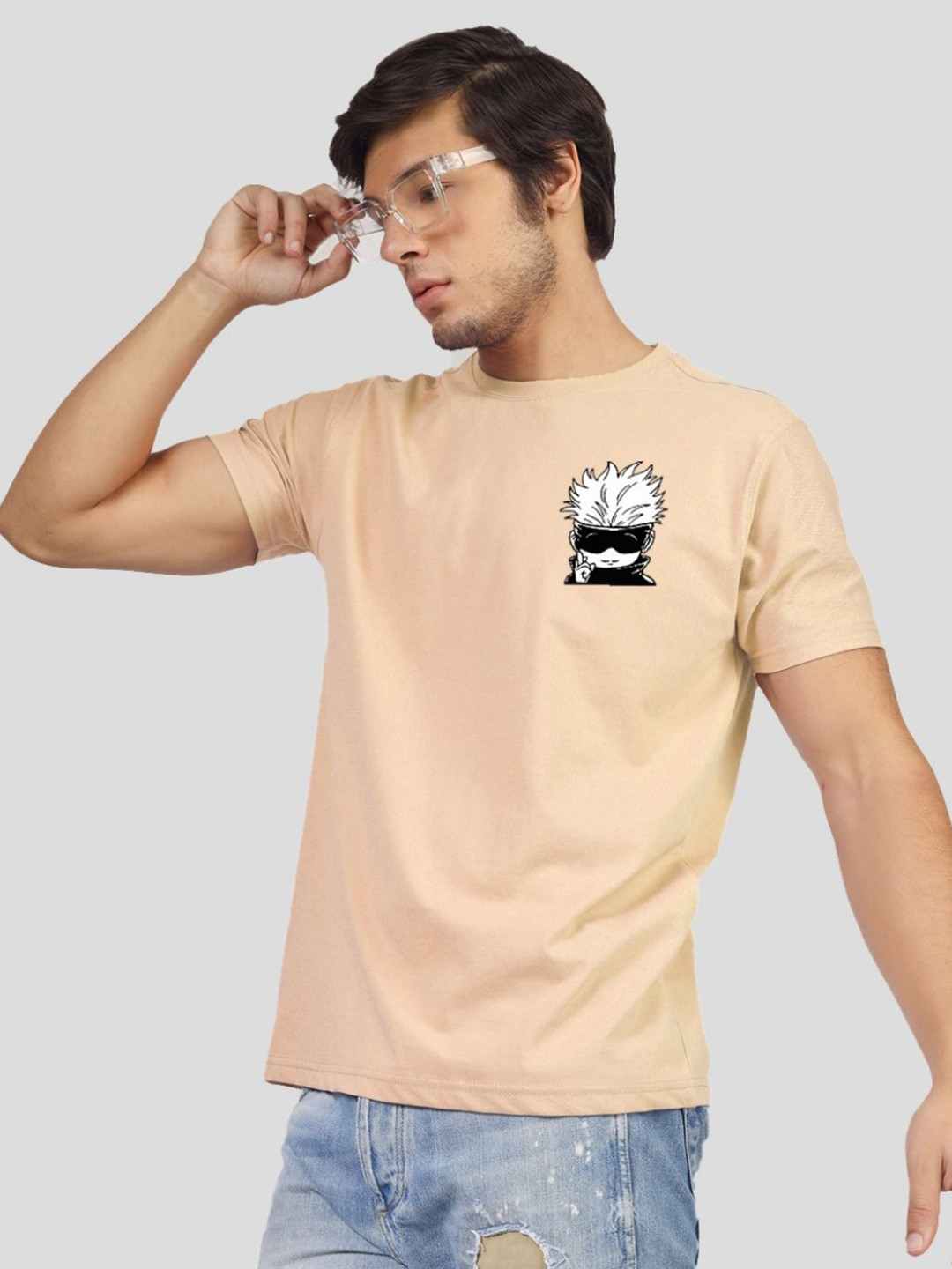 Greylongg Men Jujutsu Kaisen Graphic Printed Round Neck Cotton T-shirt