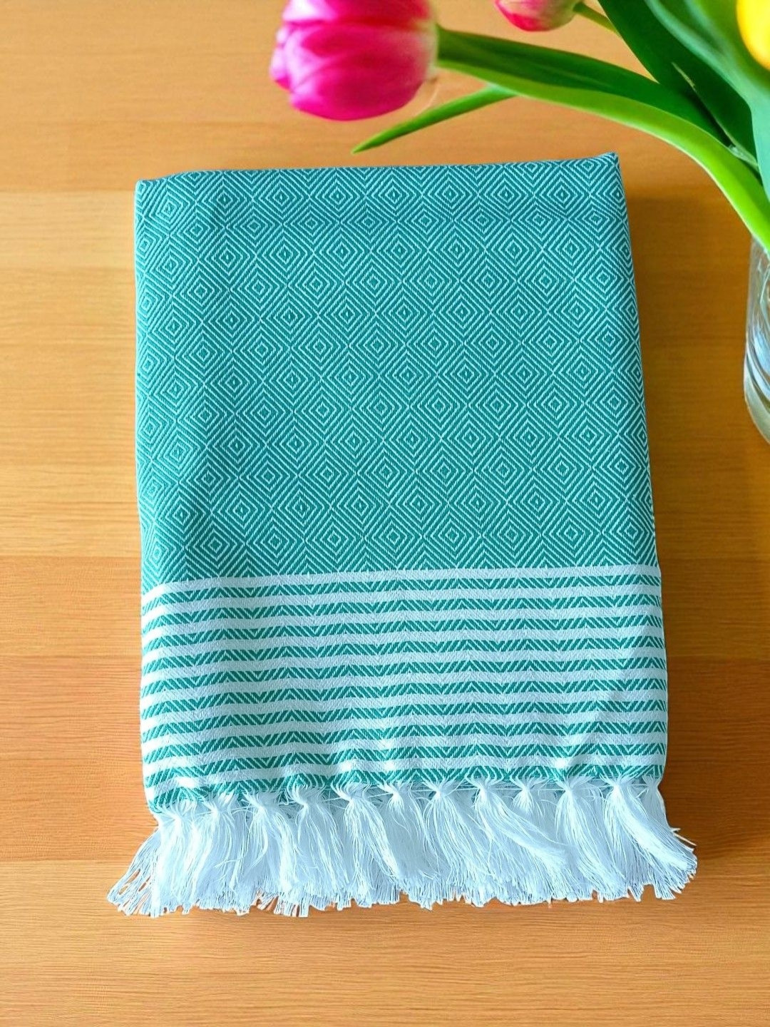 Kryptic Blue & White Geometric Printed180 GSM Pure Cotton Bath Towel