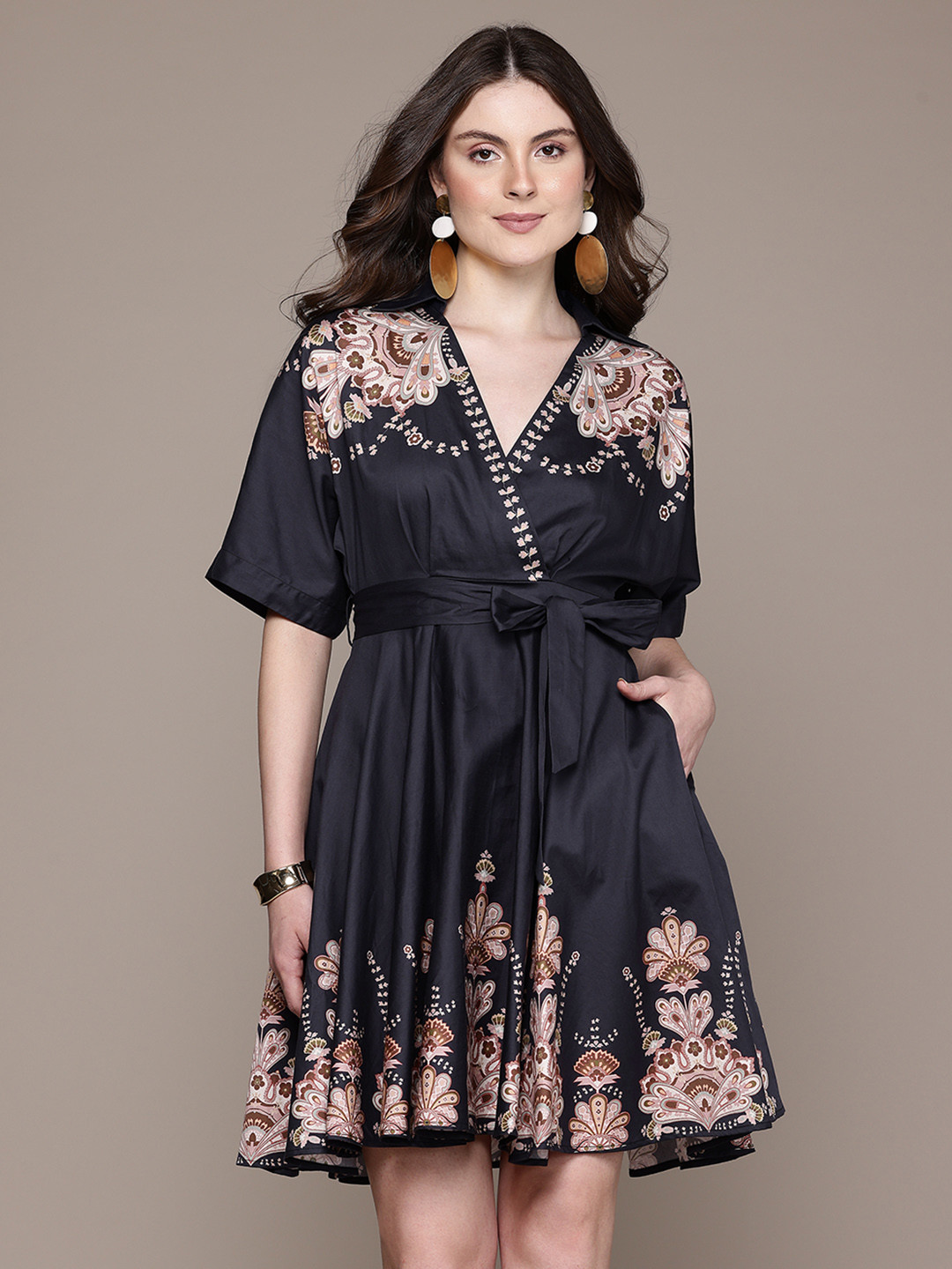 Label Ritu Kumar Ethnic Motifs Print Pure Cotton Wrap-Style Fit & Flare Dress with Belt