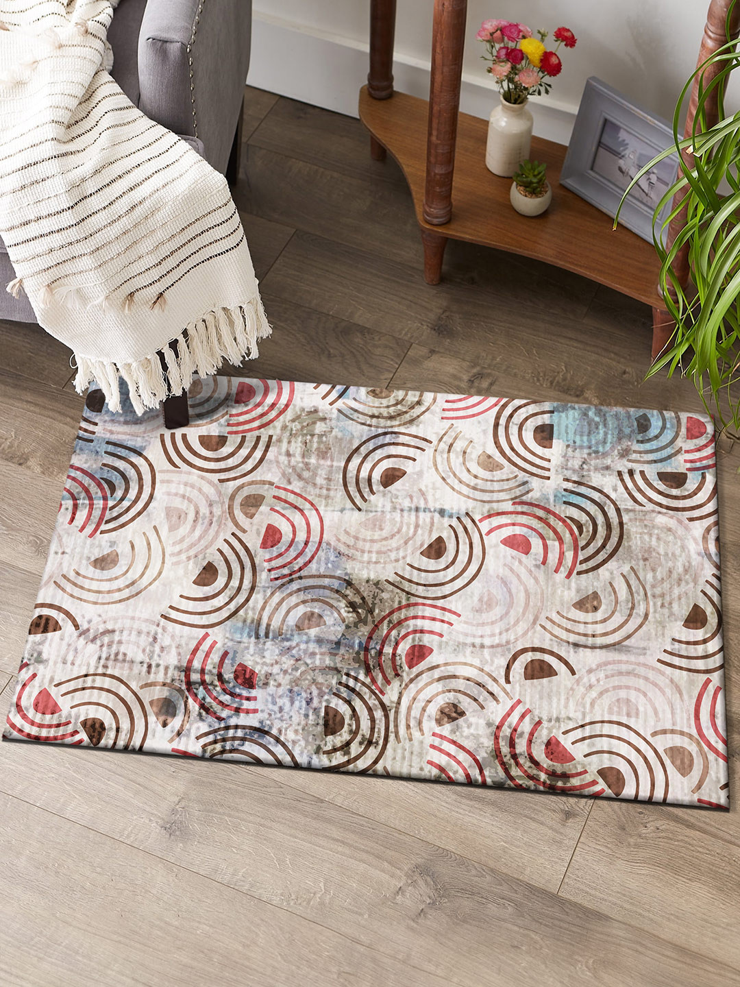 Kaleen India Red & Cream Abstract Printed Anti-Skid Washable Carpet