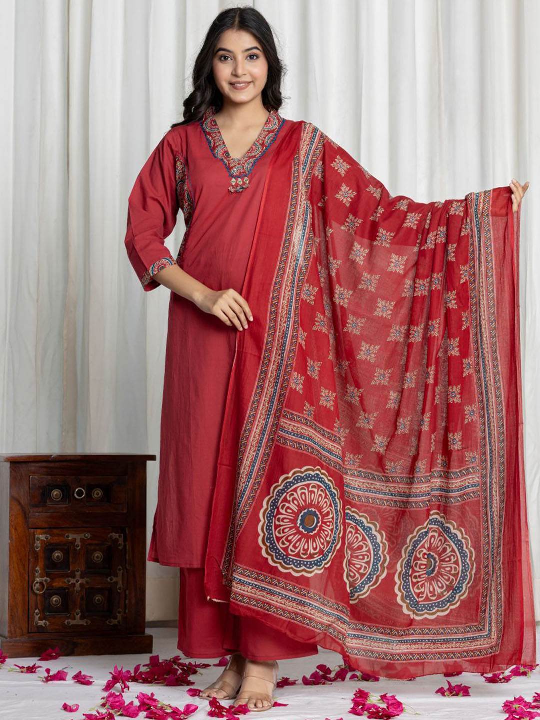 ALLEN WEAVE Ethnic Motifs Printed V-Neck Pure Cotton A-Line Kurta With Palazzos & Dupatta