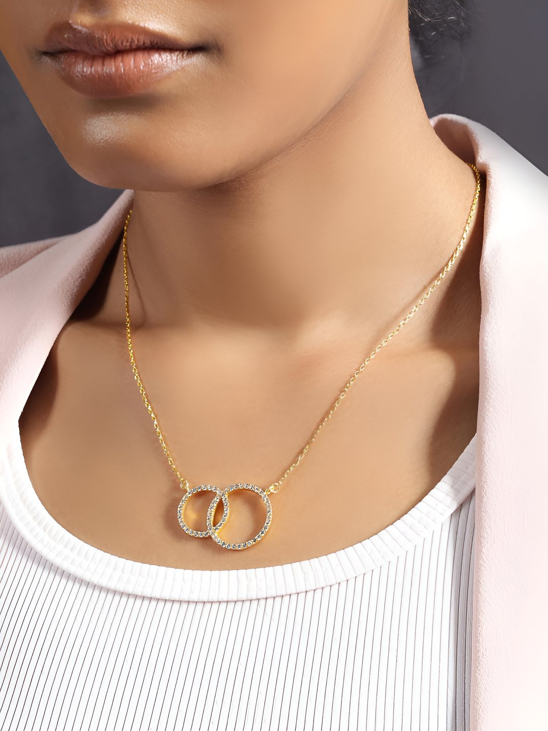Tweov Sterling Silver Gold-Plated CZ Studded Circular Link Chains Minimal Necklace