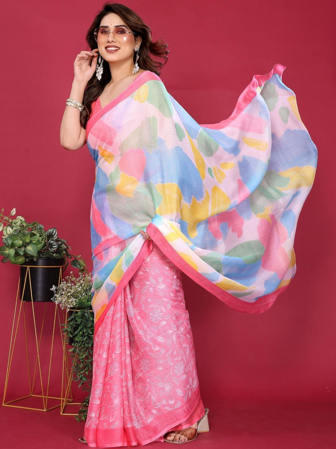 HERE&NOW Women Pink Printed Pure Chiffon Ethnic Sarees With Blouse Piece