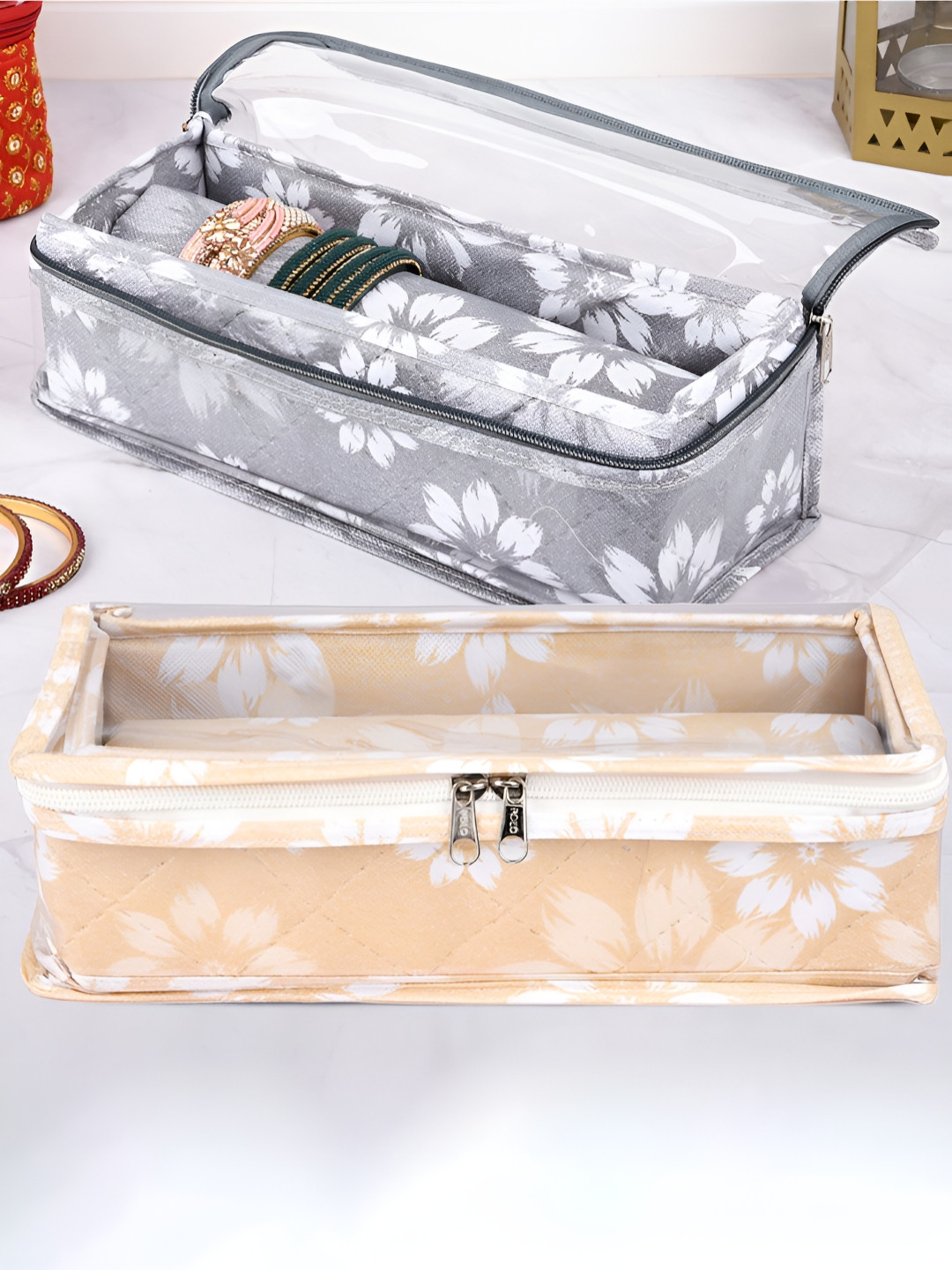 Aura Grey & Gold Toned 2 Pieces Printed Single-Rod  Bangle Box Organisers