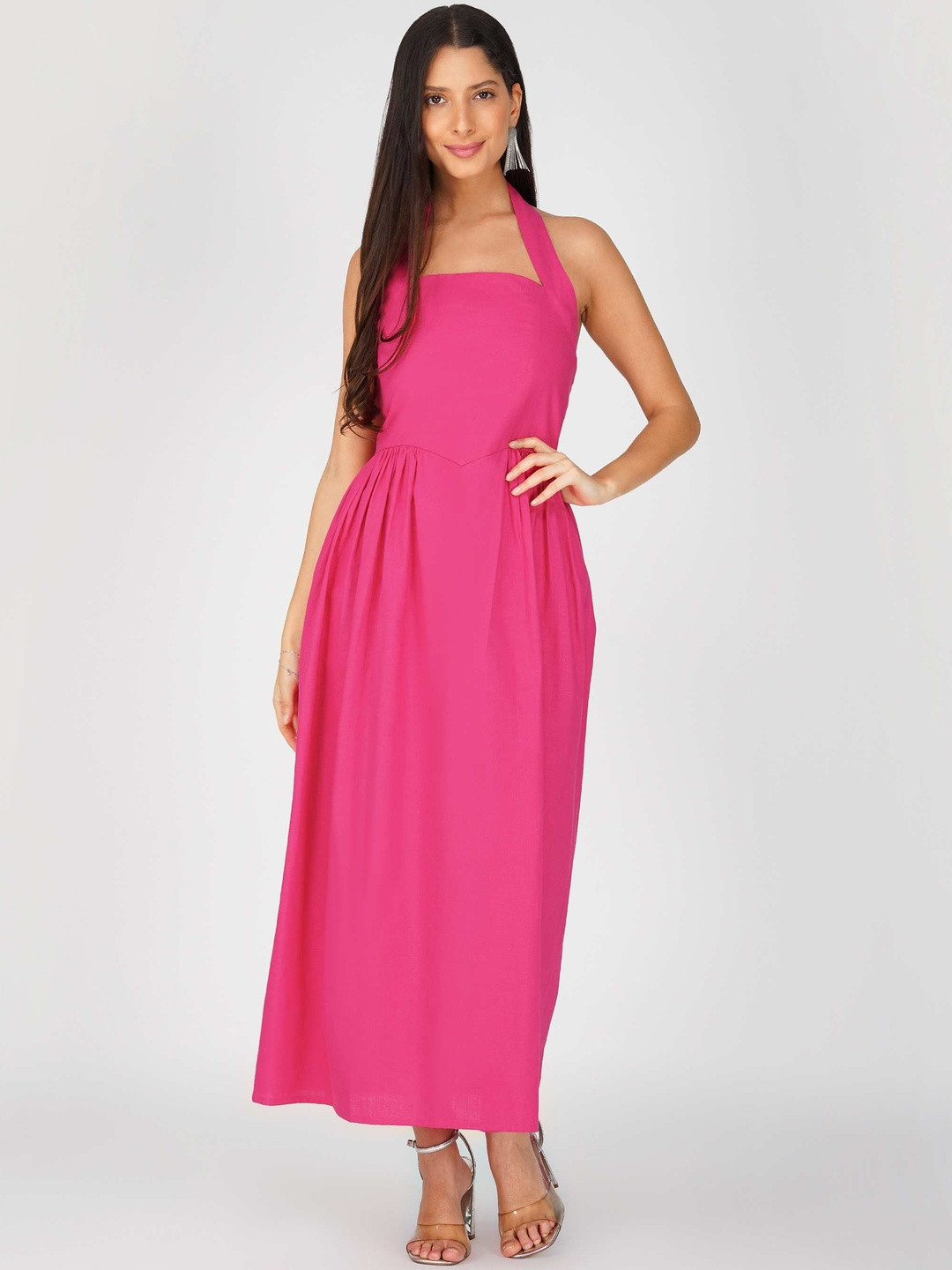Luxe Weaves Halter Neck Fit & Flare Maxi Dress