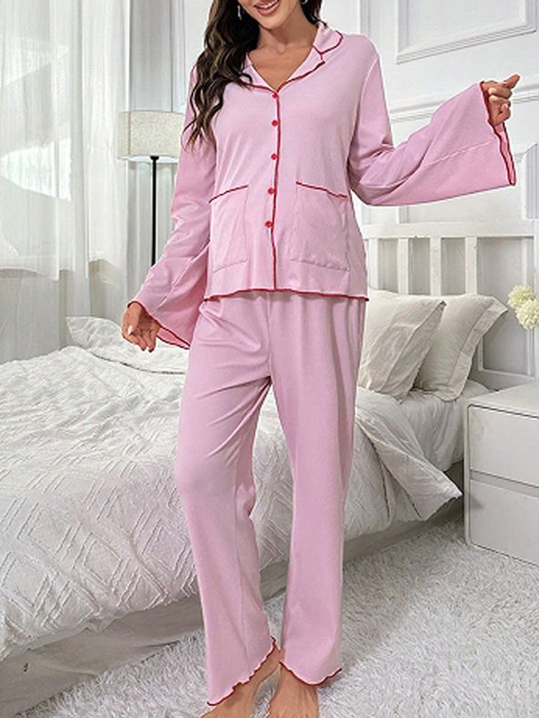 StyleCast Pink Shirt Collar Night Suits