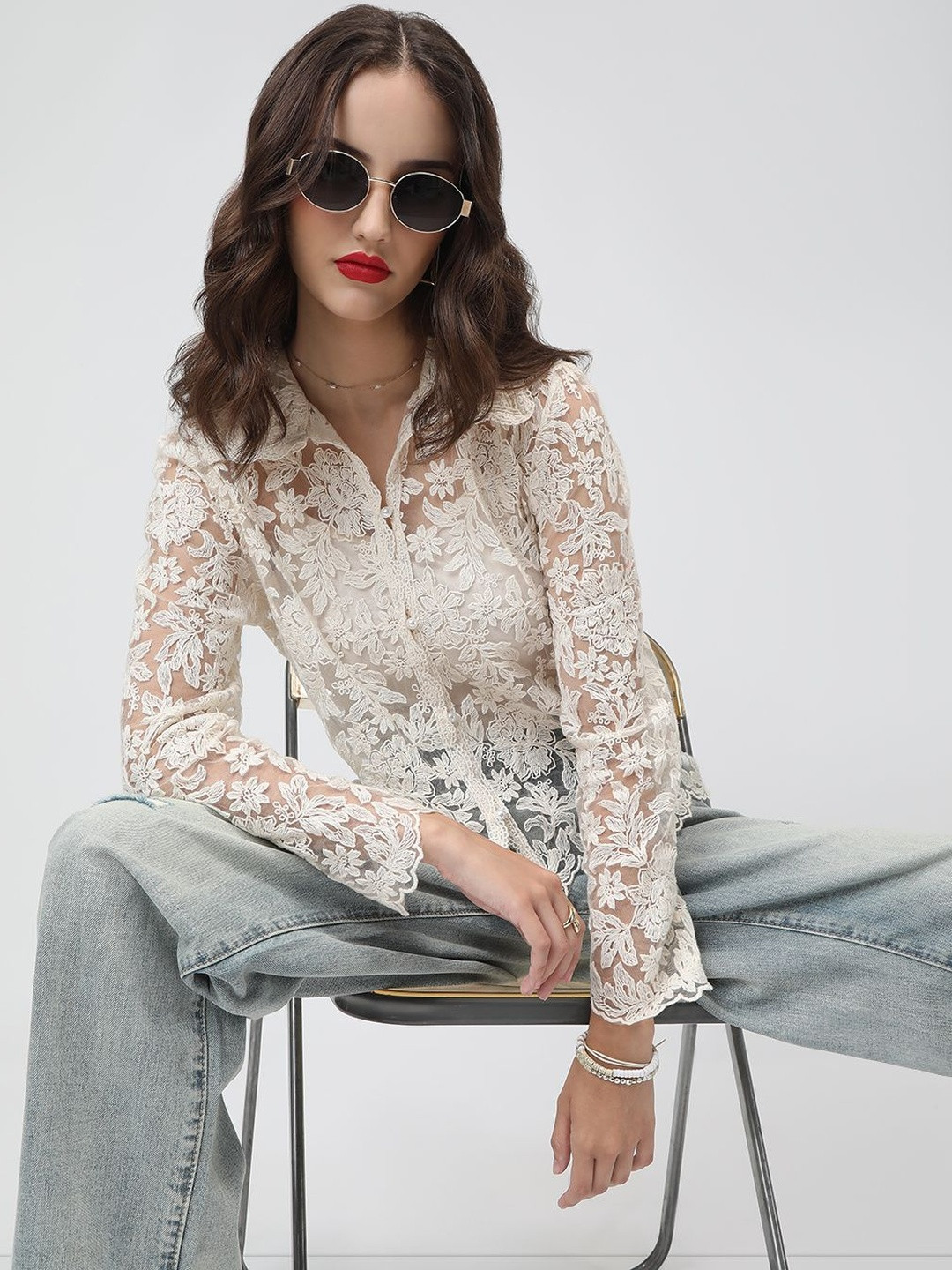 SHOWOFF Women Cream Embroidered Nylon Tops
