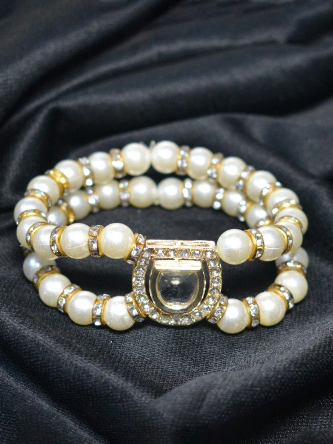 DP Designer Sterling Silver-Plated Artificial Stones Studded & Beaded Wraparound Bracelet