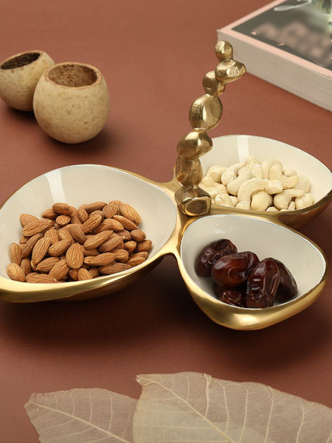 Decor de Maison White & Gold Toned Cast Iron Triple Bowl Platter