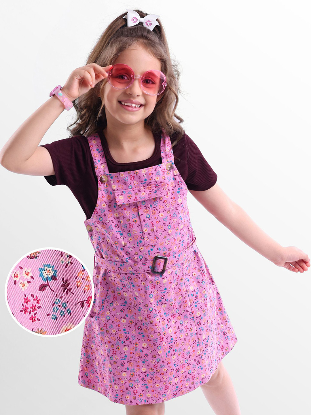 Hola Bonita Girls Dungaree Frock & Half Sleeves Inner Tee With Belt