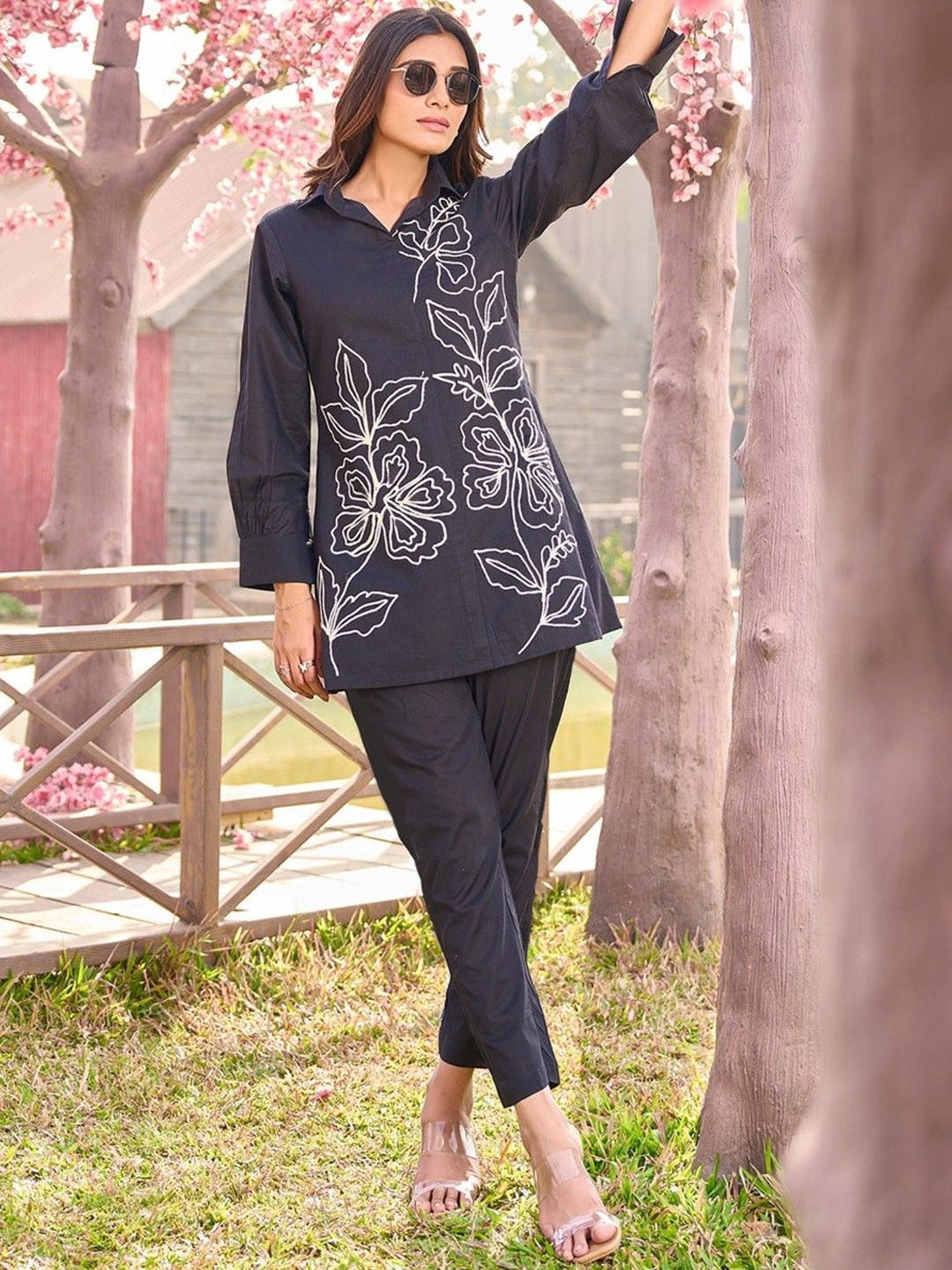 AUTUMN LANE Women Embroidery Pure Cotton Shirt Collar Neck Shirt With Trousers Co-Ords