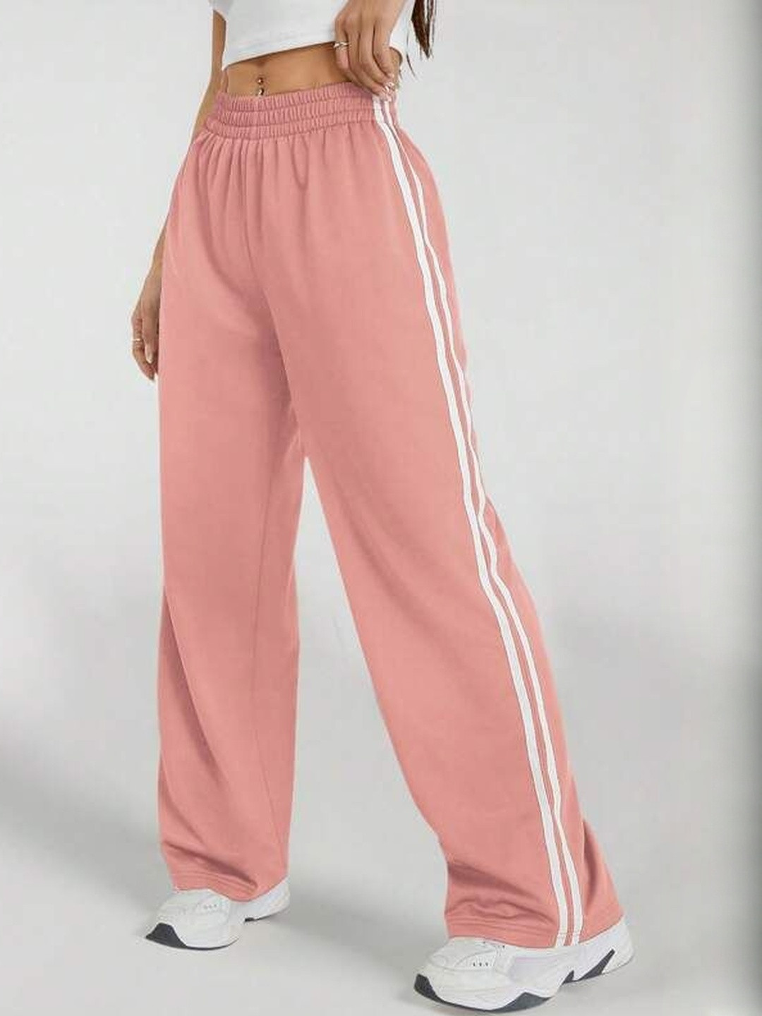 SZN Women Pink Loose Fit Striped Wide Leg Trousers