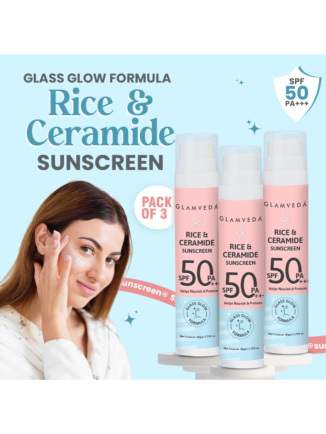 GLAMVEDA Set Of 3 Glass Skin Rice & Ceramide SPF 50 PA+++ Sunscreen - 50ml Each