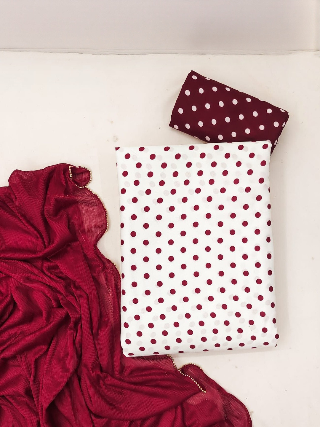Moda Rapido Women Crepe Polka Dot Print Unstitched Dress Material with Lycra Dupatta