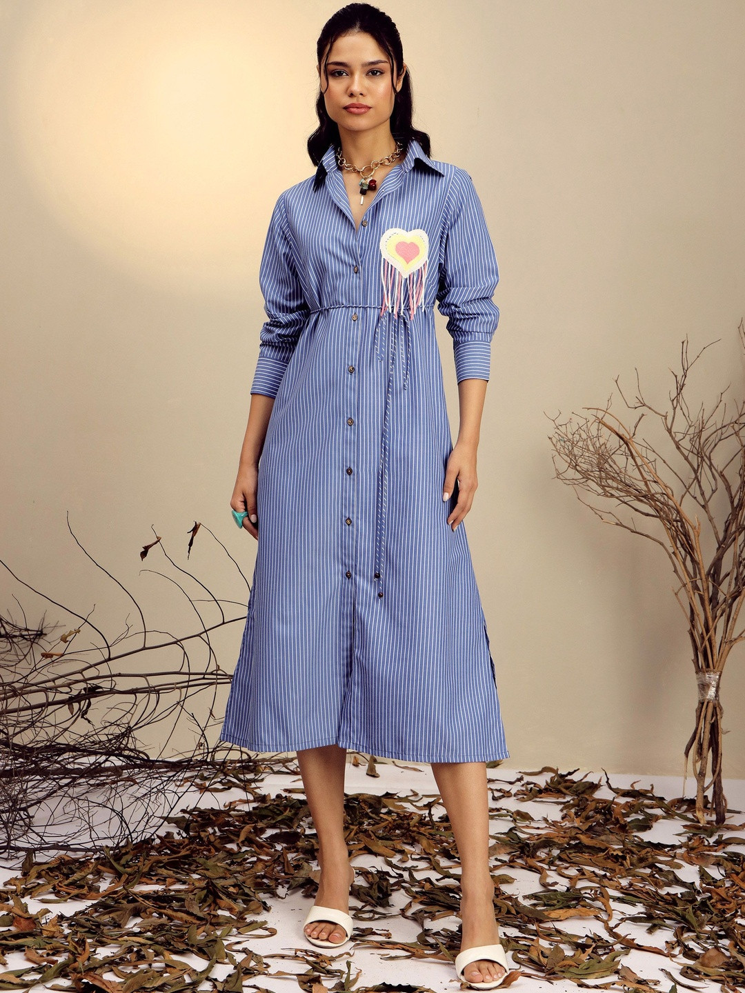 Pink Paprika by SASSAFRAS Striped Printed A-Line Shirt Dress