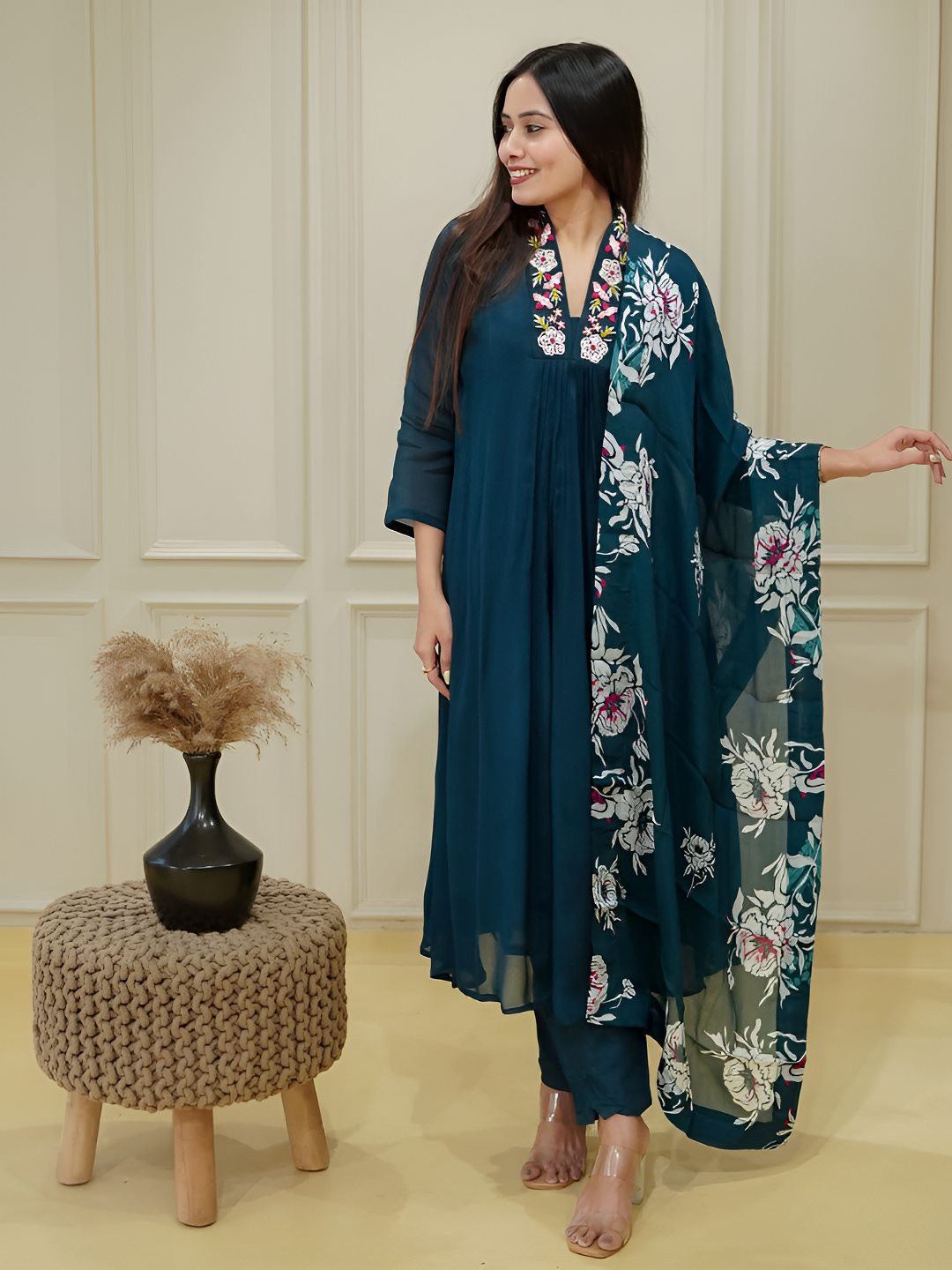 Brand Hill Women Thread Work A-Line Kurta with Trousers & Dupatta
