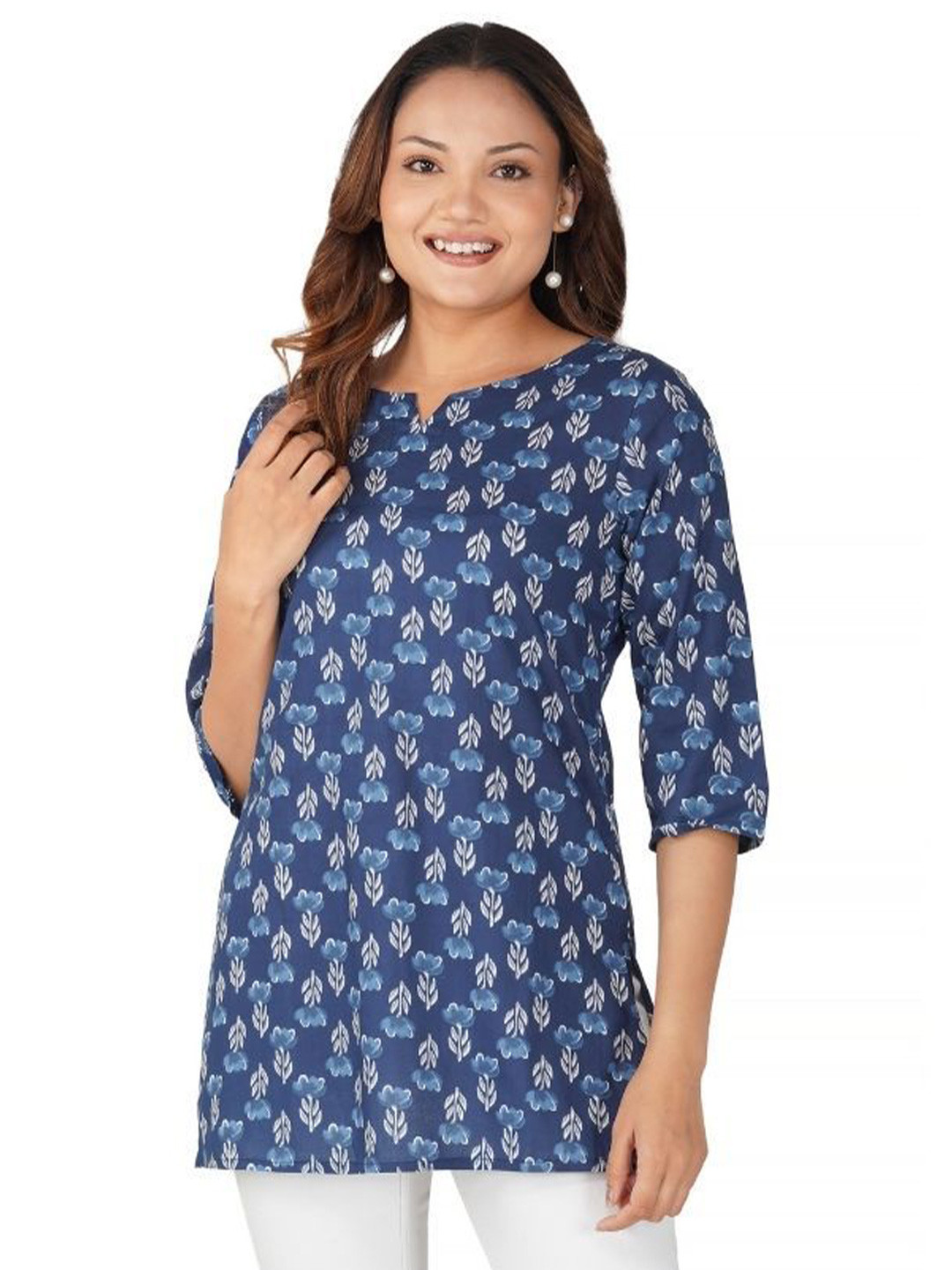 30 Looks Women Dark Midnight Blue Cotton Printed Kurti