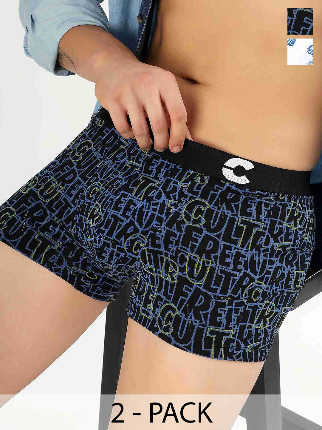 FREECULTR Men Pack Of 2 Printed Cotton Long Trunks FC-CTN-PT-T-LG-FCBLK-JFWHT-02