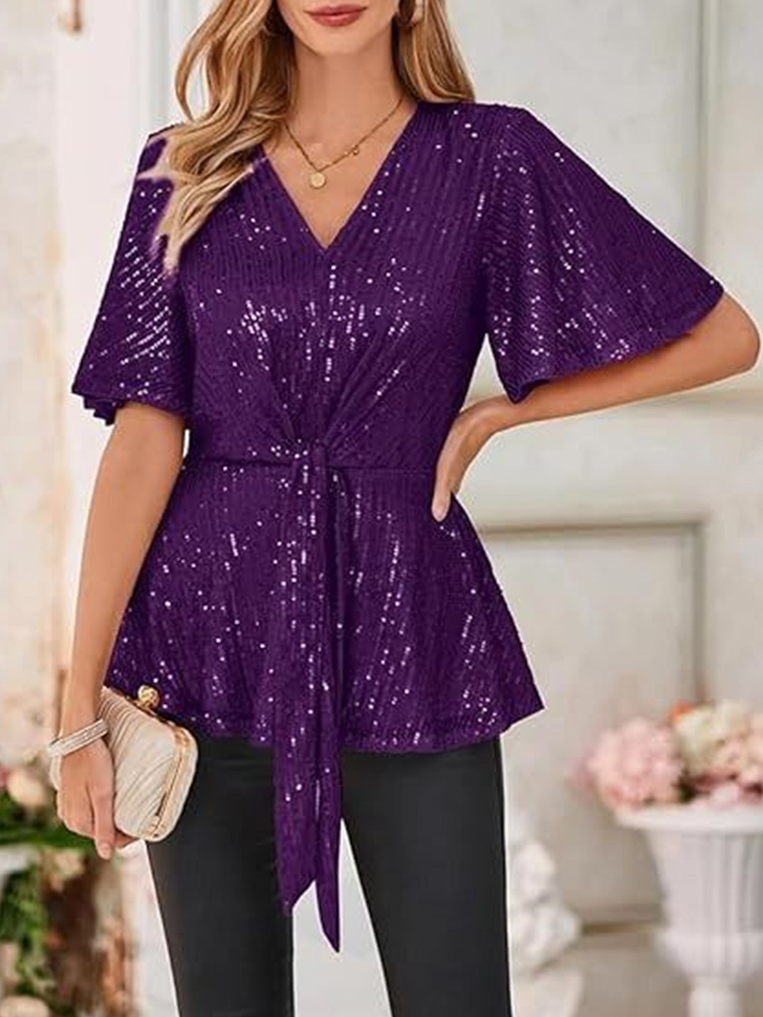 Purple Sequined V-Neck Peplum Longline Party Top