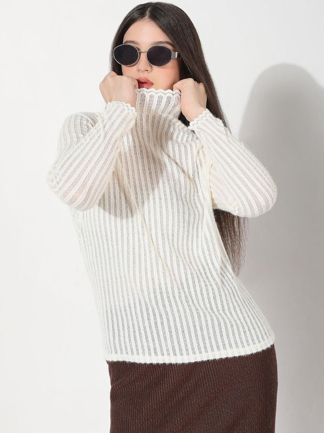 SHOWOFF Women White Self Design Cotton Tops