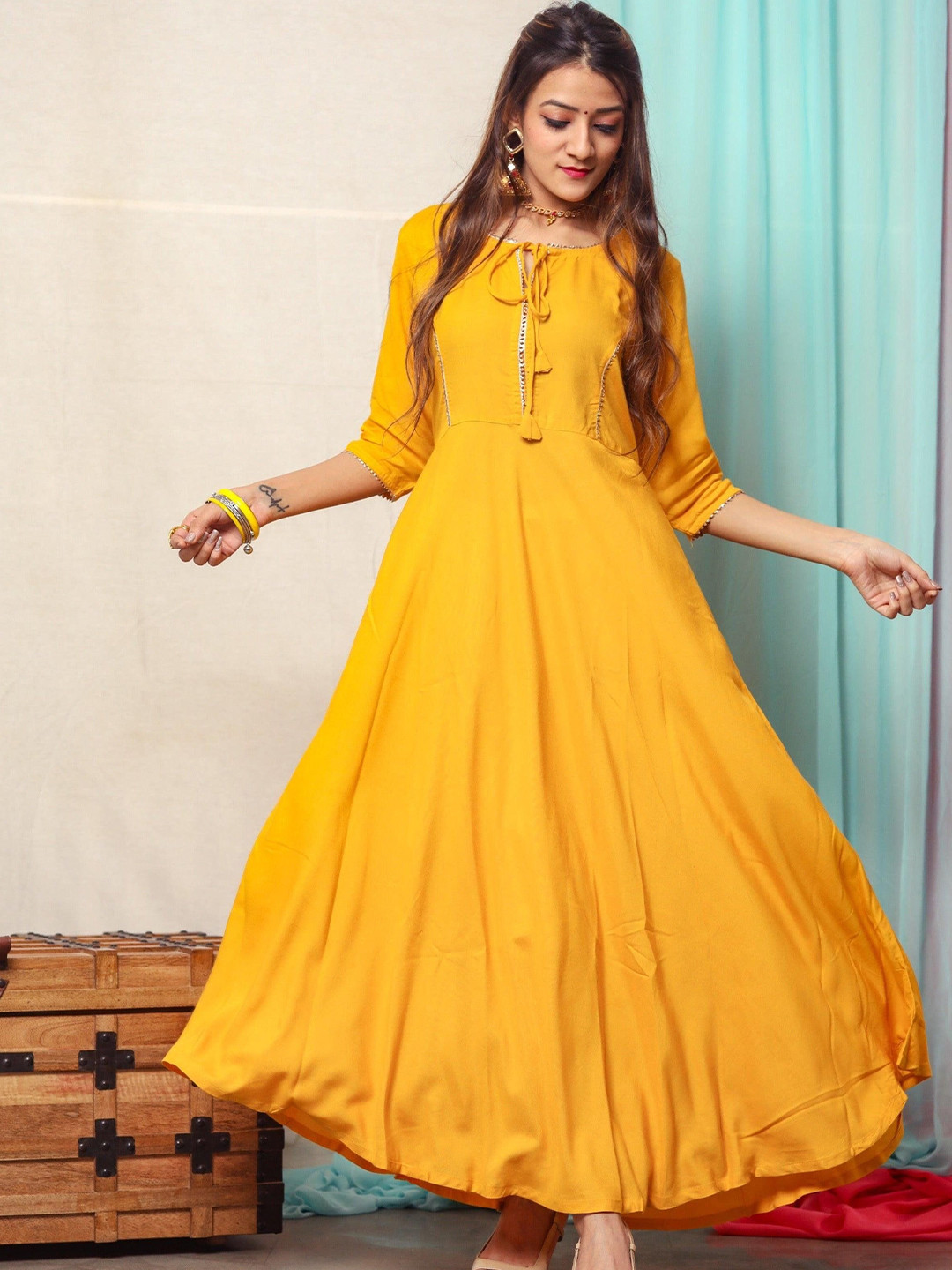 Thread & Button Women Turmeric Yellow Gotta Design Dress