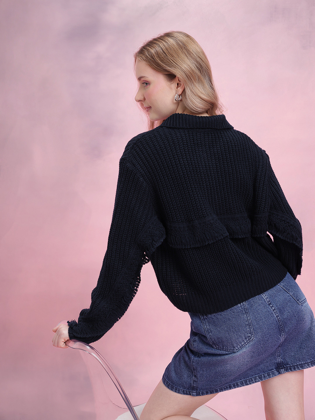 DressBerry Layered Open-Knit Detail Self-Striped Pullover