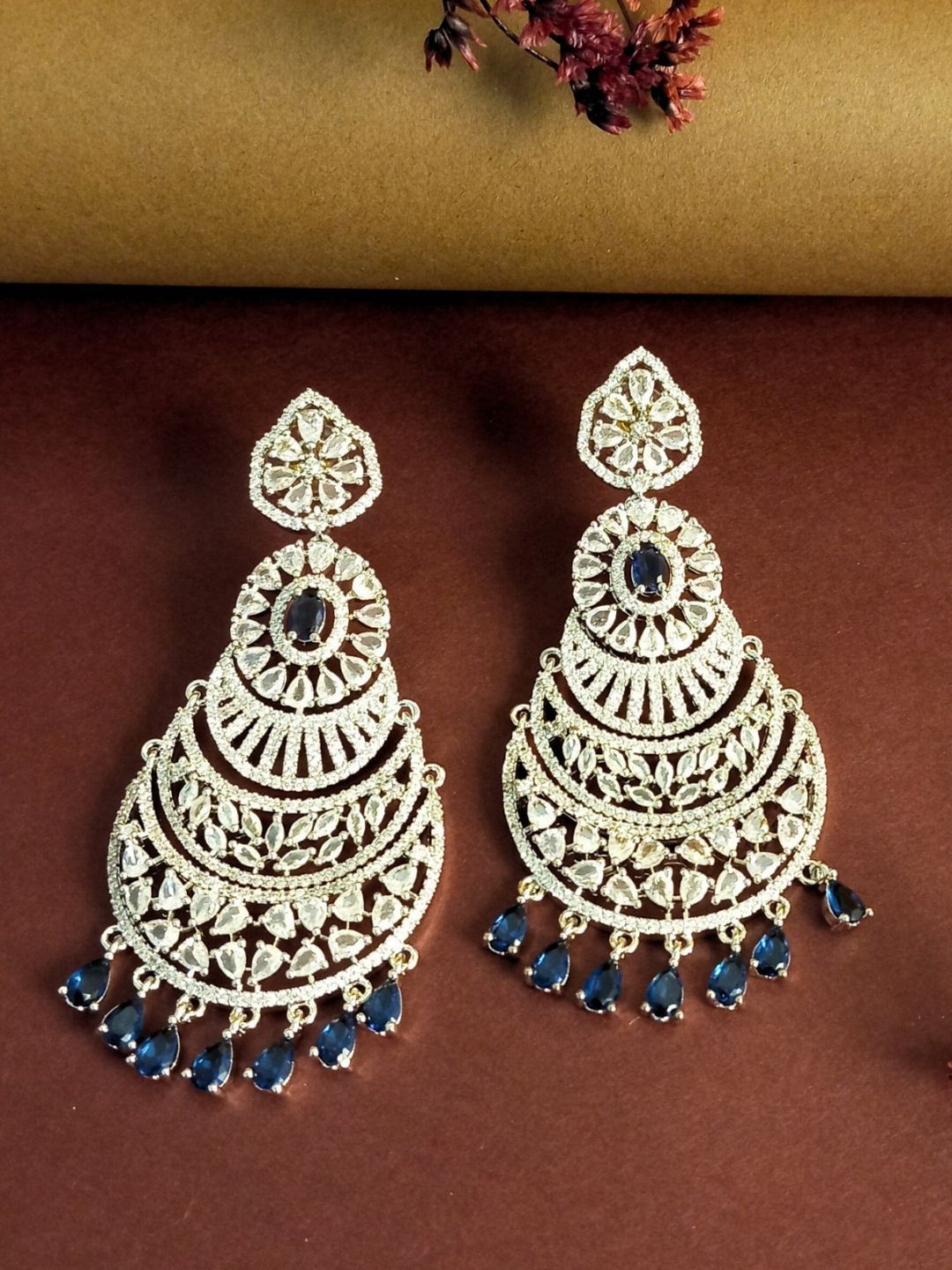 IKSAVA Silver-Plated American Diamond & Sapphire Studded Crescent Shaped Chandbalis