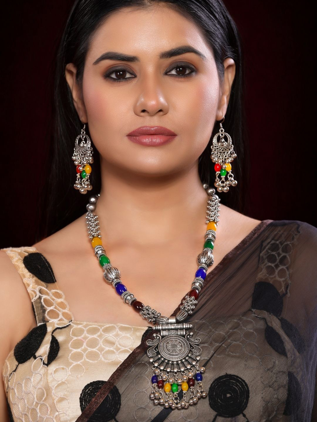 INC63 Silver-Plated Crystal Beaded-Studded Chandbala Oxidized Jewellery Set