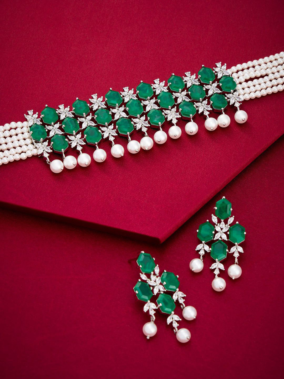 Kushal's Fashion Jewellery Rhodium-Plated Zircon Green Detail Jewellery And Earring Set