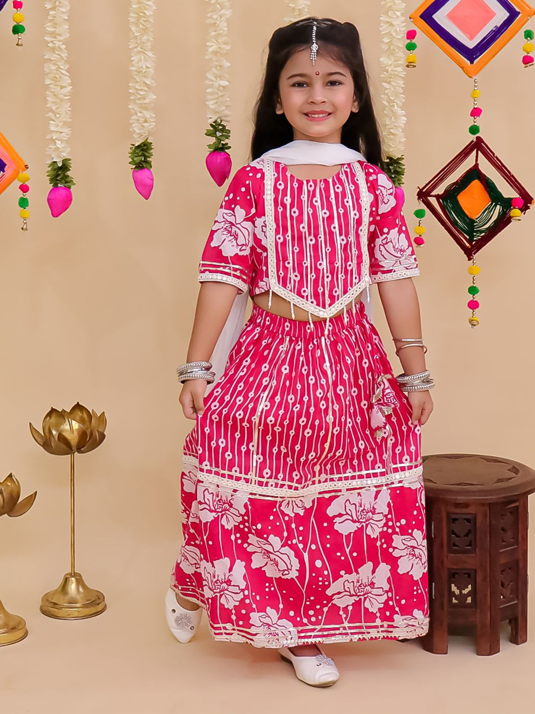 Aj DEZInES Girls Pink Floral Printed Ready To Wear Cotton Lehenga & Blouse With Dupatta