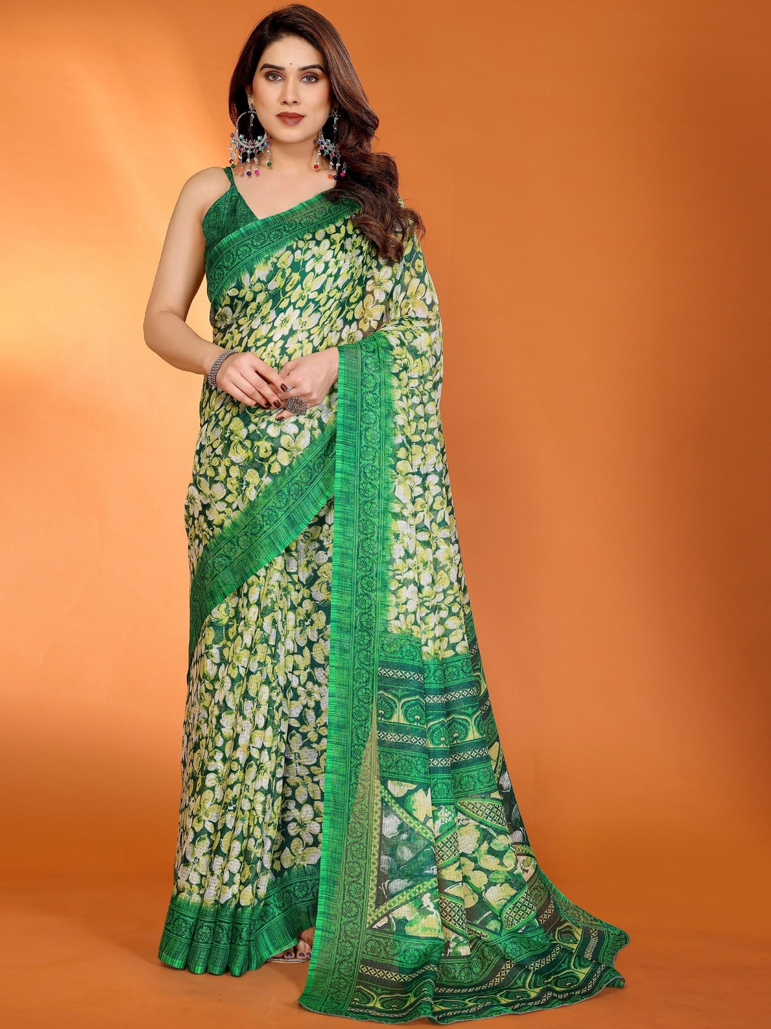 HERE&NOW Women Green Printed Kota Dorita Ethnic Sarees With Blouse Piece