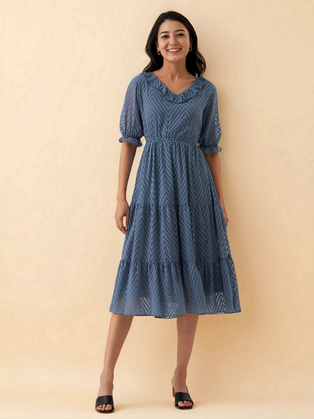 AASK Women Greyish Blue Self Design Crepe Fit and Flare Calf Length Dress