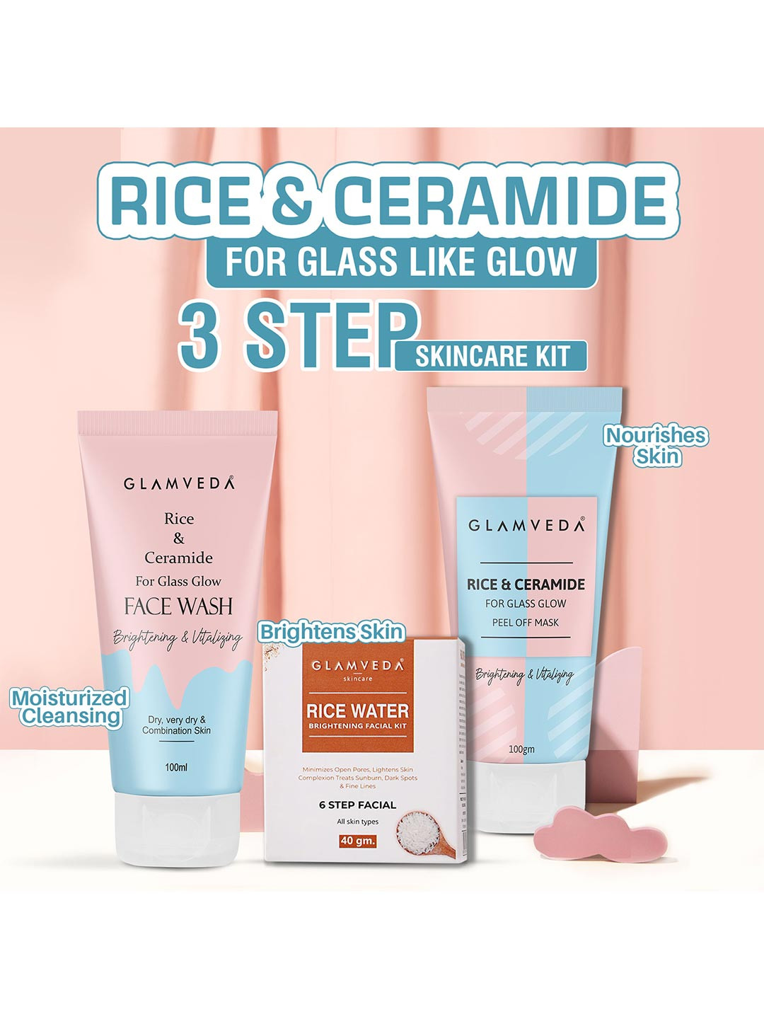 GLAMVEDA Set Of 3 Rice & Ceramide Korean Glass Skin Care Gift Set