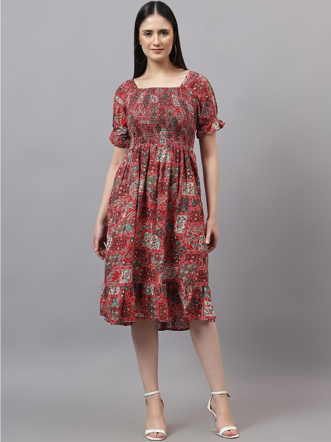 Cherimoda Women Printed Puff Sleeve Fit & Flare Midi Dress