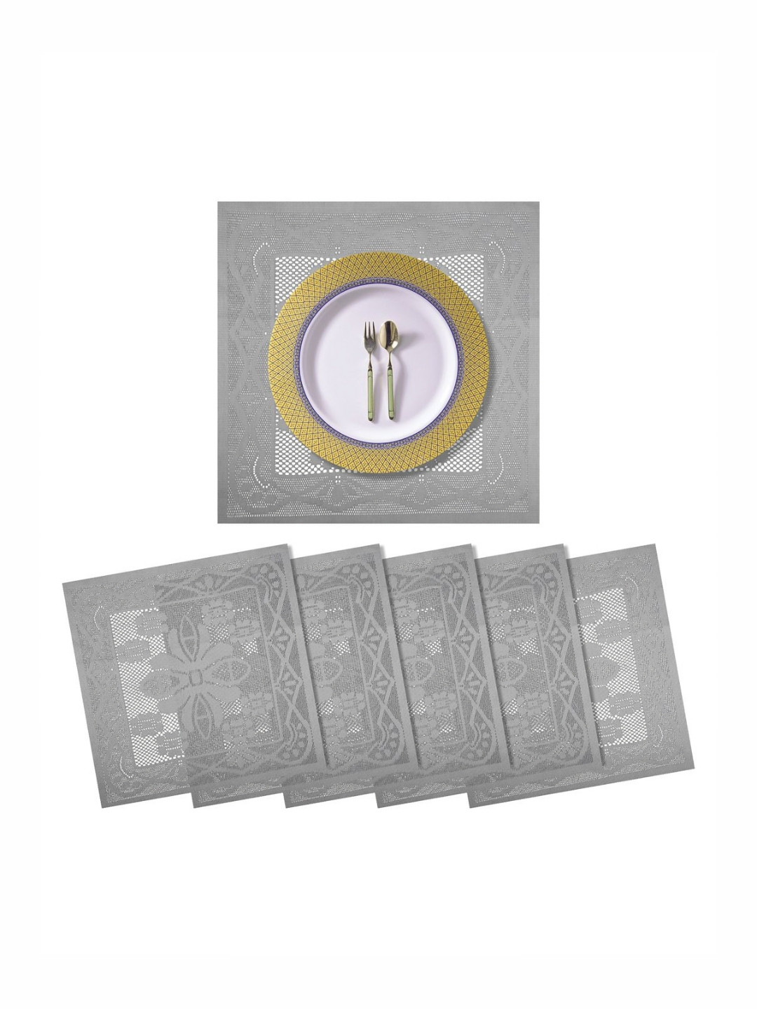 Aura White 6 Pieces Self-Design Cotton Square Shape Table Placemats