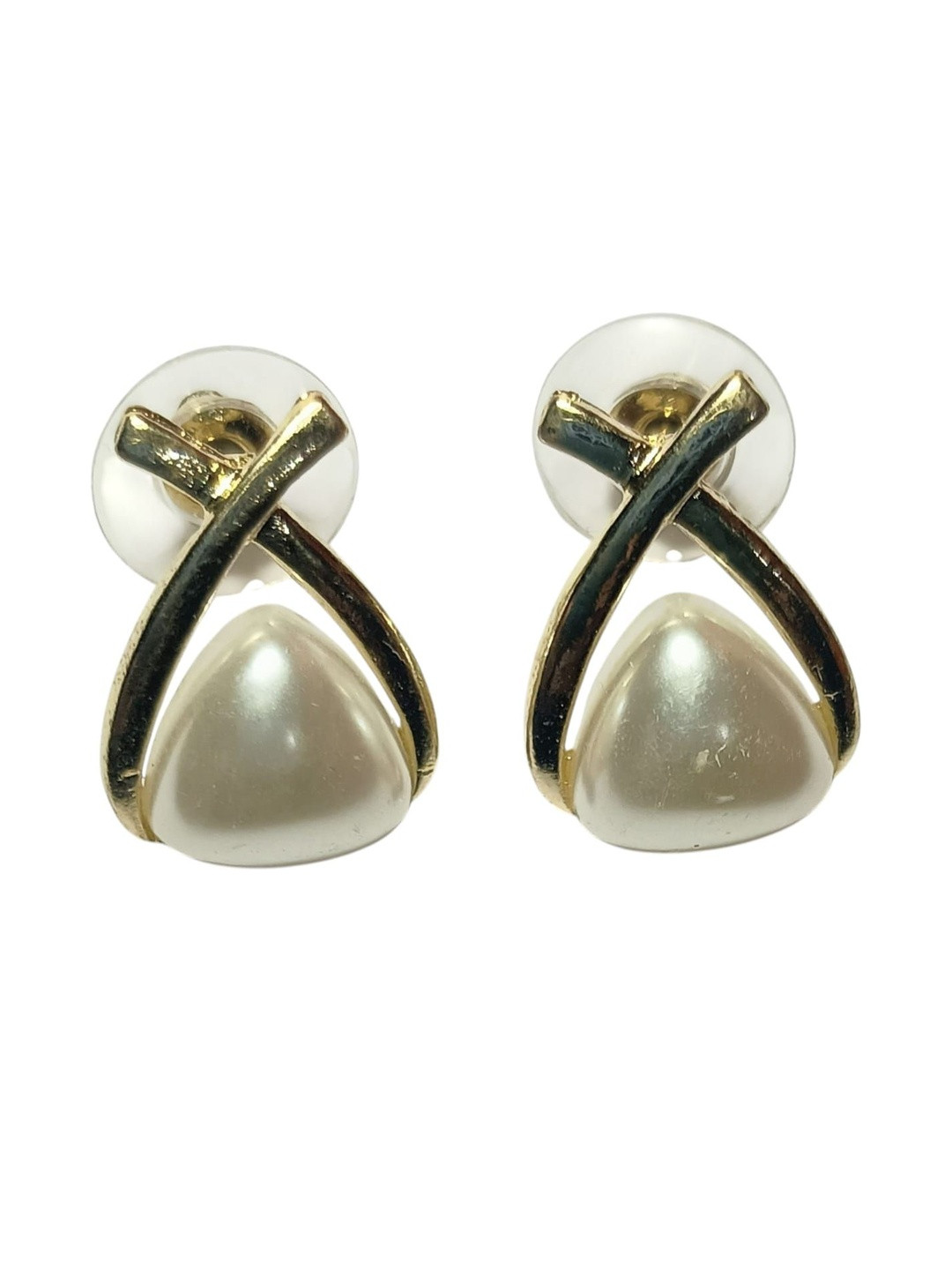 Criss-Cross Pearl Drop Stud Earrings  Gold-Toned Elegance