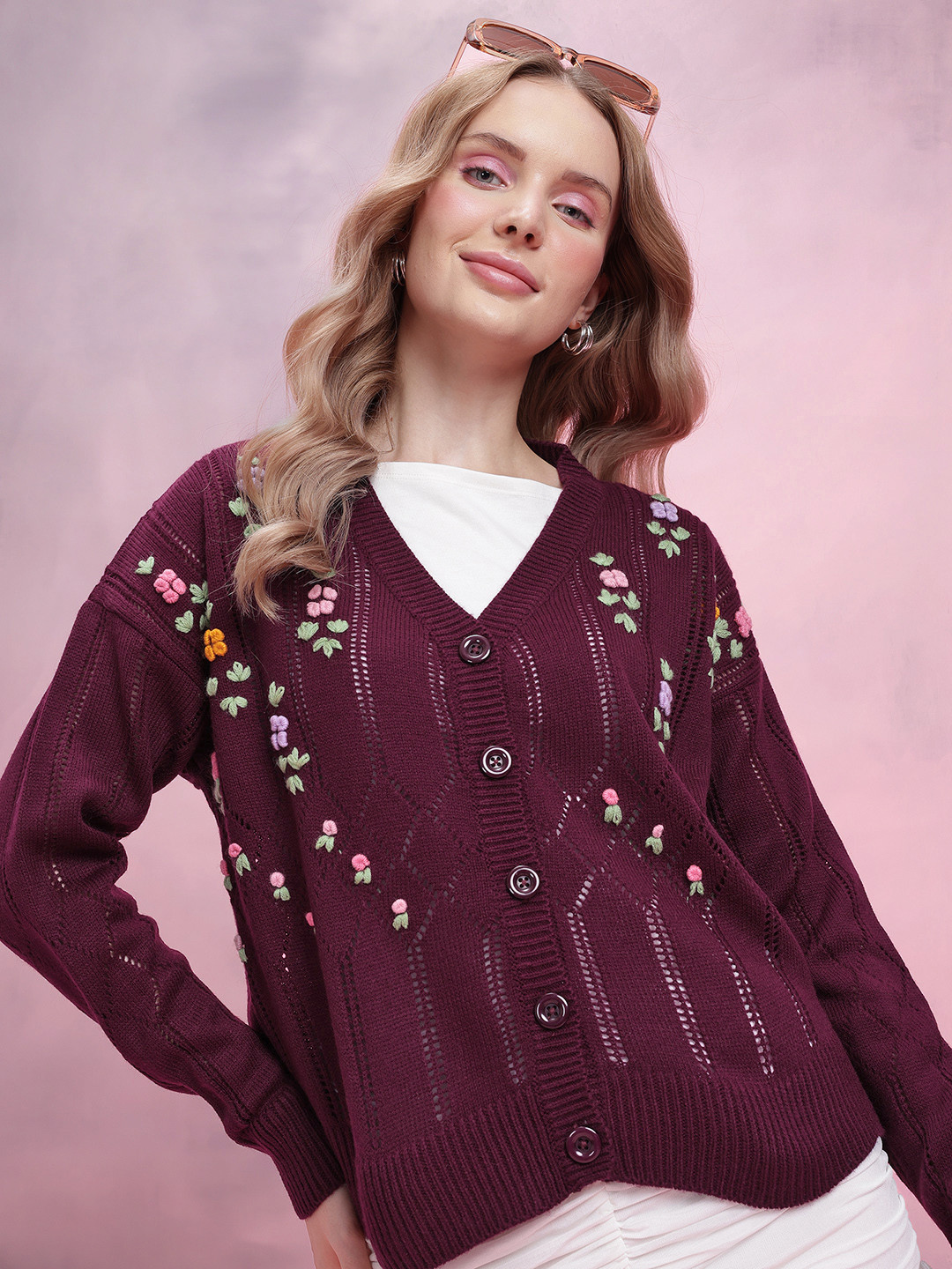 DressBerry Se;f Design Floral V-Neck Cardigan