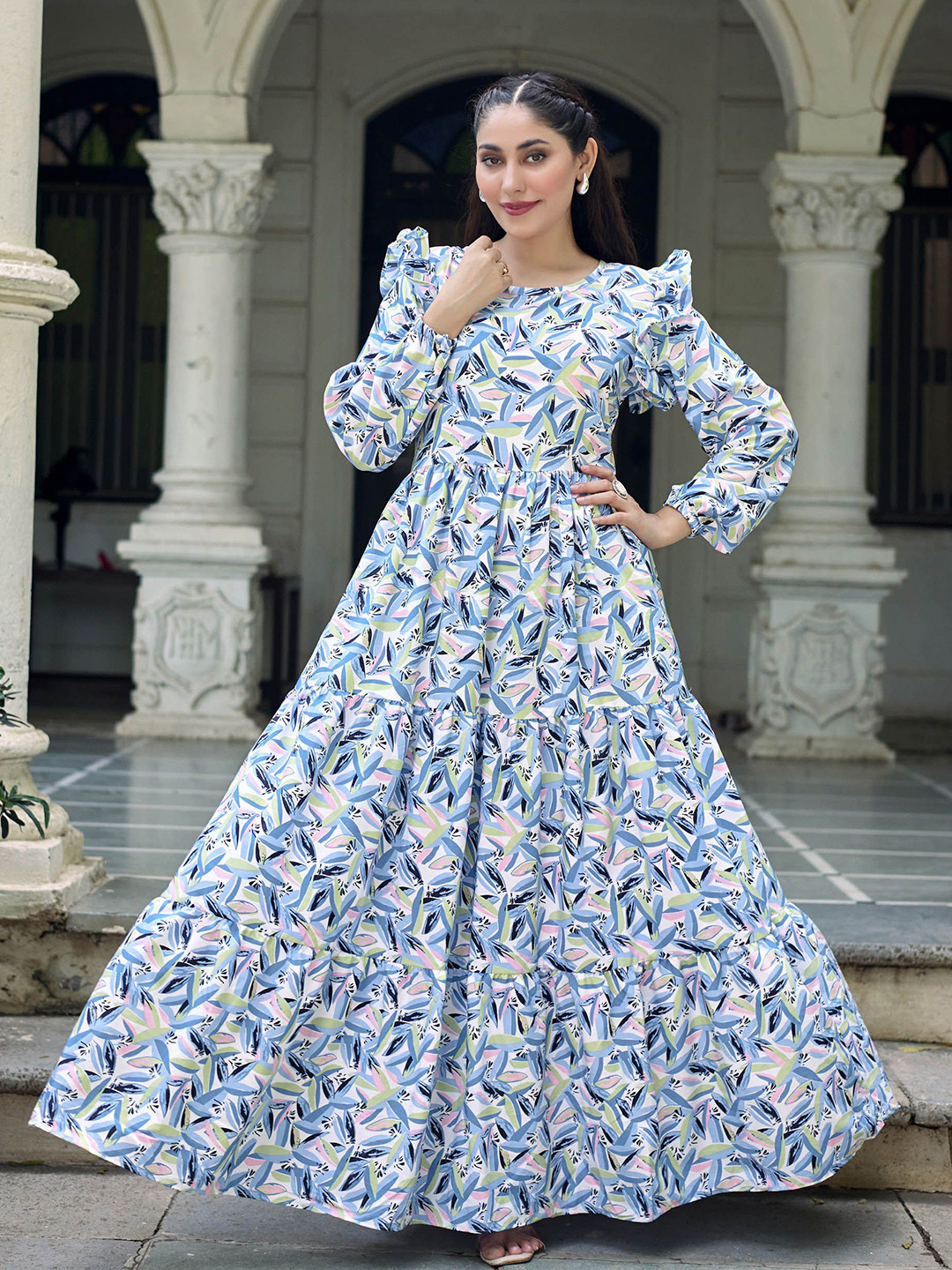 SARINKU Women Tropical Printed Gathered or Pleated Fit and Flare Maxi Dresses