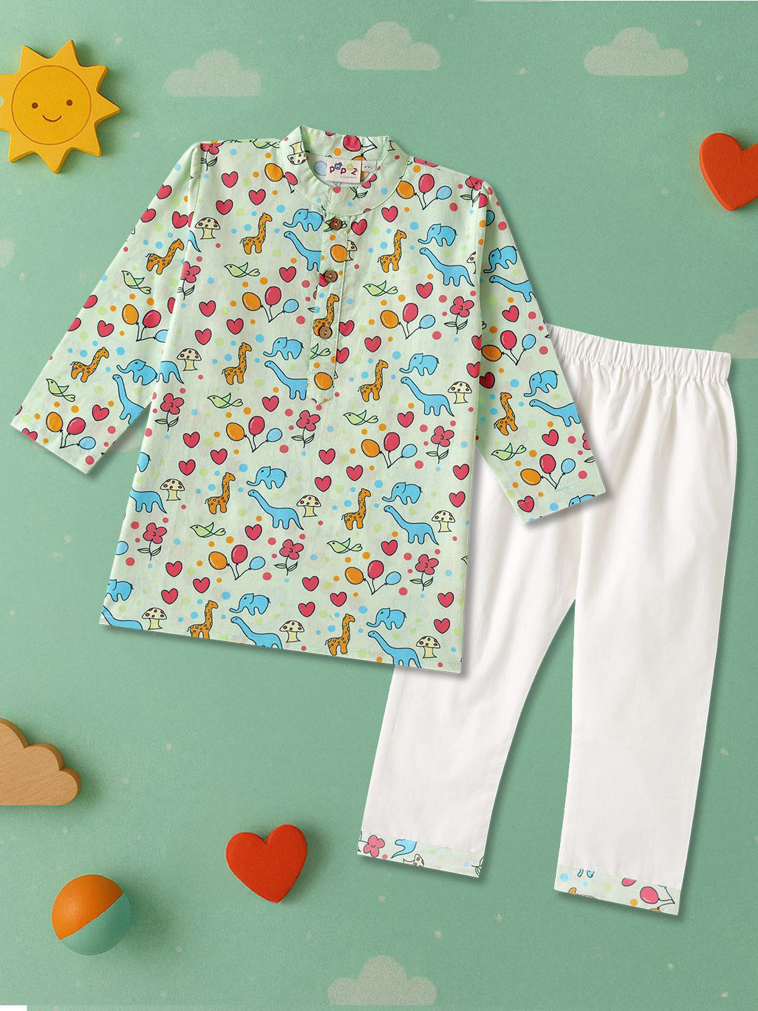 Desi Soota Boys Green Animal Printed Pure Cotton Kurta with Pyjamas