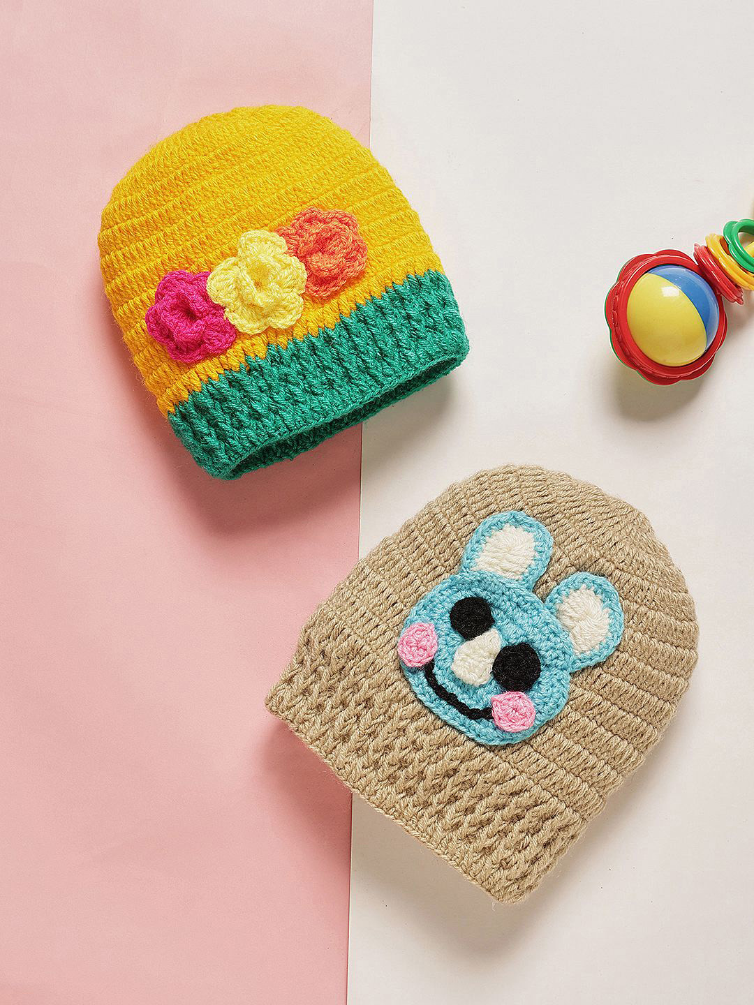 CHUTPUT Unisex Kids Set of 2 Self Design Hand knitted  Crochet Beanie Caps