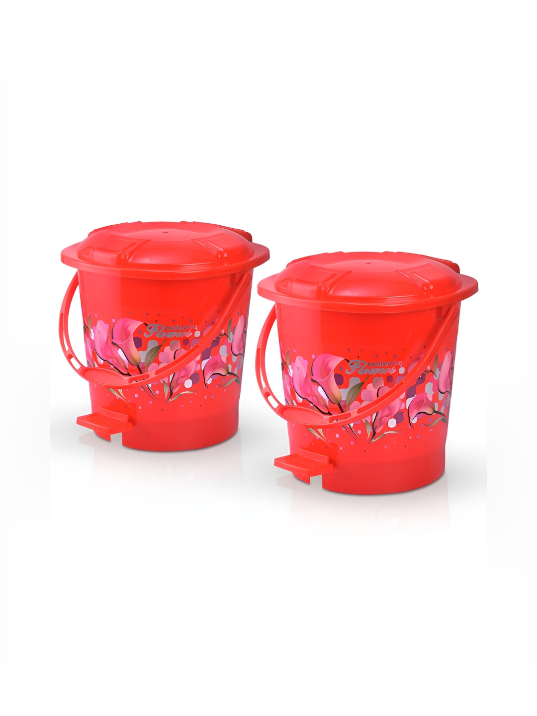 Aura Red & Pink 2 Pieces Printed One Tab Pedal Dustbins 7L Each