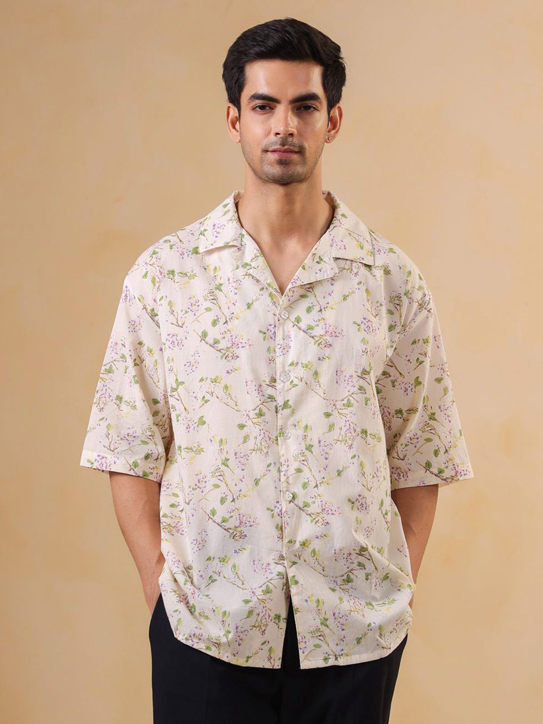 TRULOOM Oversized Floral Printed Cotton Cuban Collar Casual Shirt