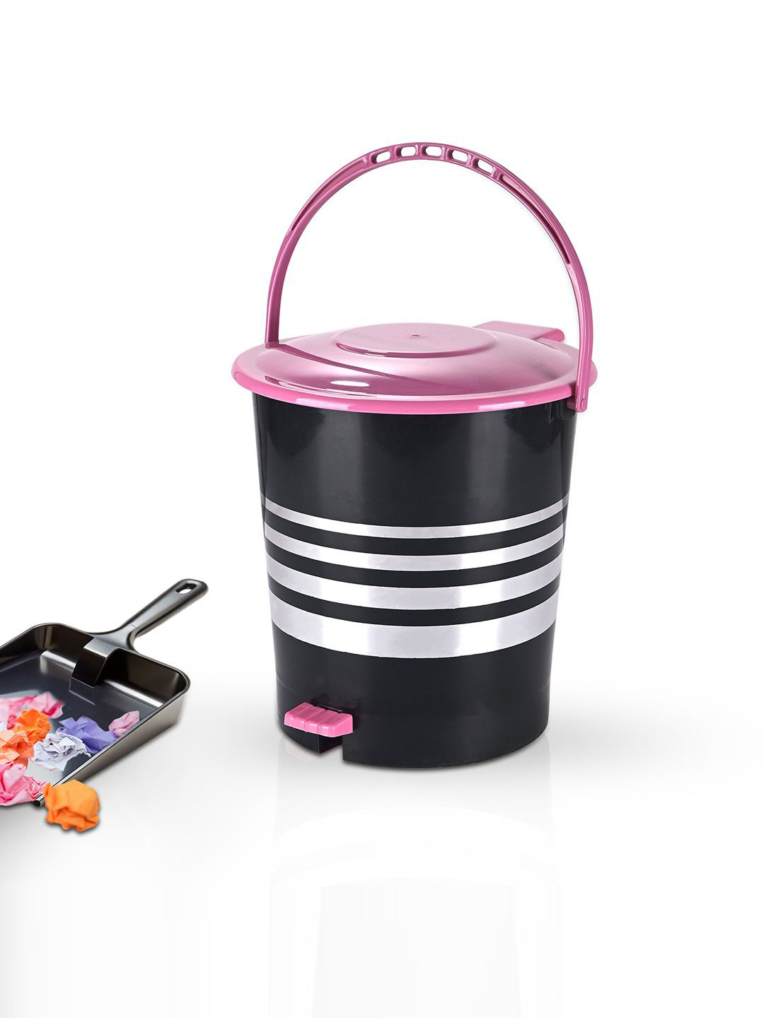 Kuber Industries Black & Pink Striped Kitchen Dustbin With Lid - 10 L